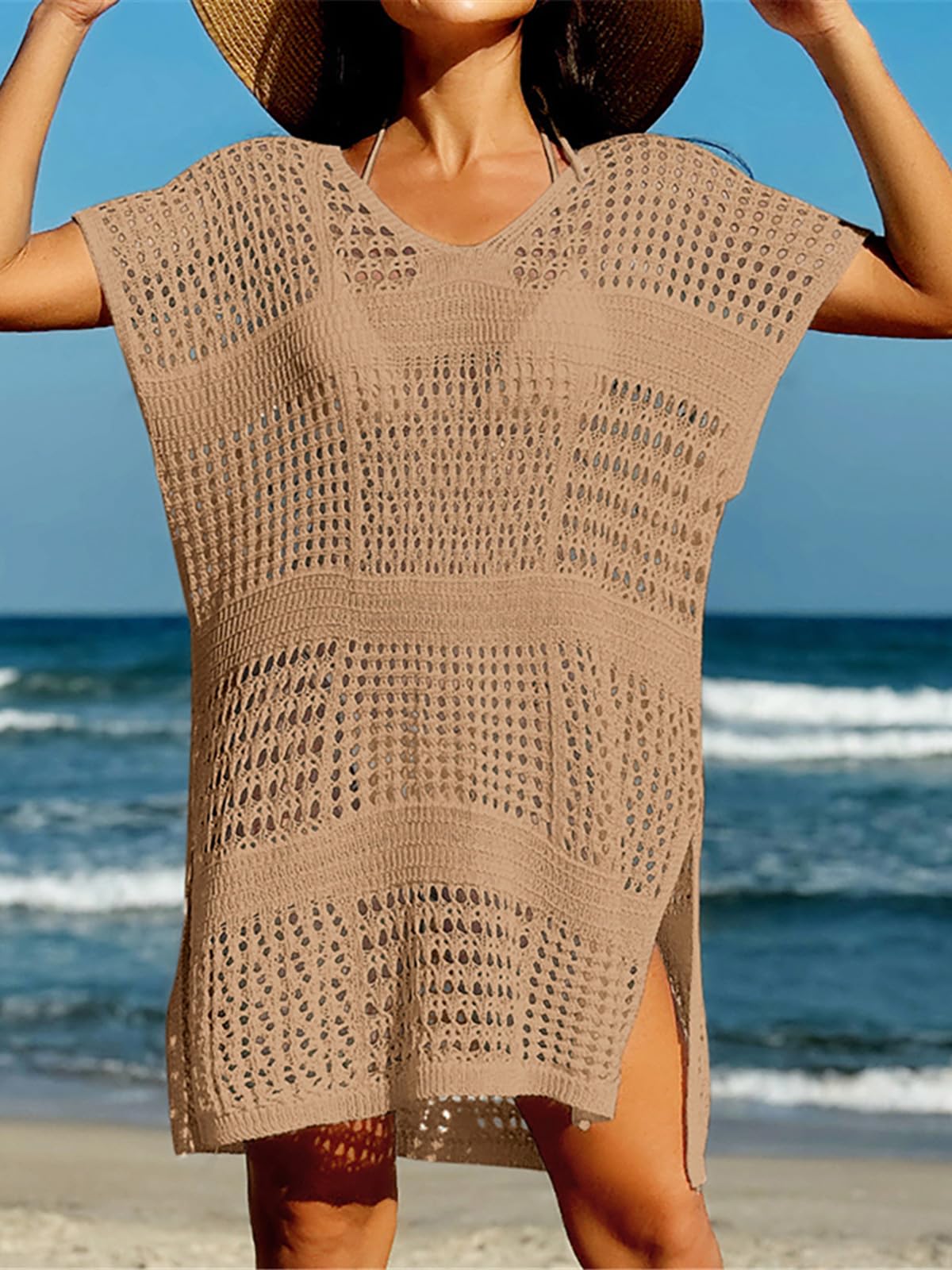 Copricostume Donna Sexy manica corta scava fuori tunica lavorata a maglia all'uncinetto Copricostume da spiaggia Copricostume Abito da spiaggia Abbigliamento da spiaggia Abbigliamento da spiaggia Donn