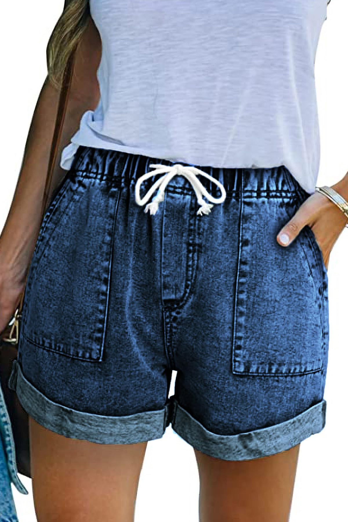 NEYOUQE Jeans d'été pour Femmes Shorts monochromes à Poches pour Femmes Shorts d'été pour Femmes