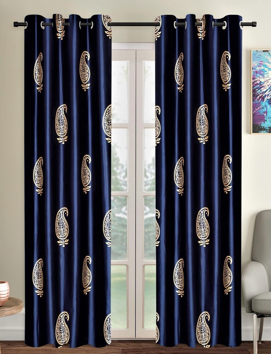 Home Sizzler 2 Pieces Hand Block Gold Paisley Printed Eyelet Polyester Door Curtains - 7 Feet, Blue-image-30
