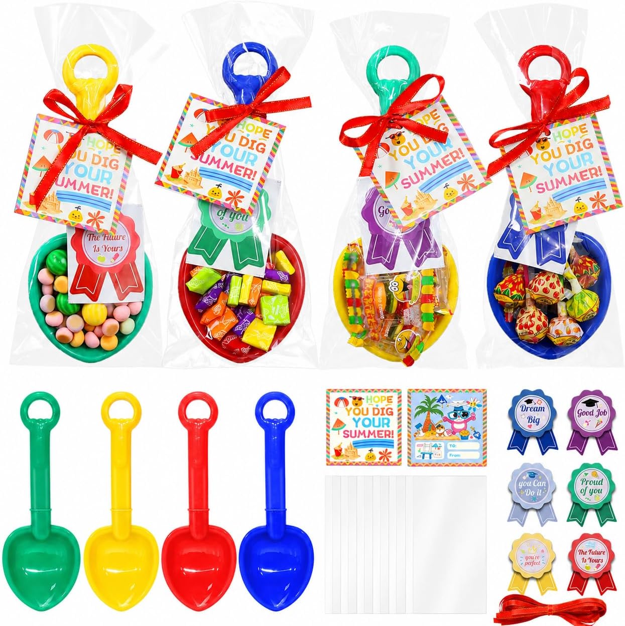 24 Set Graduation Gifts Shovel Set,End of the Year Gifts for Students Bulk,Preschool Graduation Gifts for Kids Bulk Includes Beach Shovels, Gift Bags, Cards, Award Stickers & Ribbons