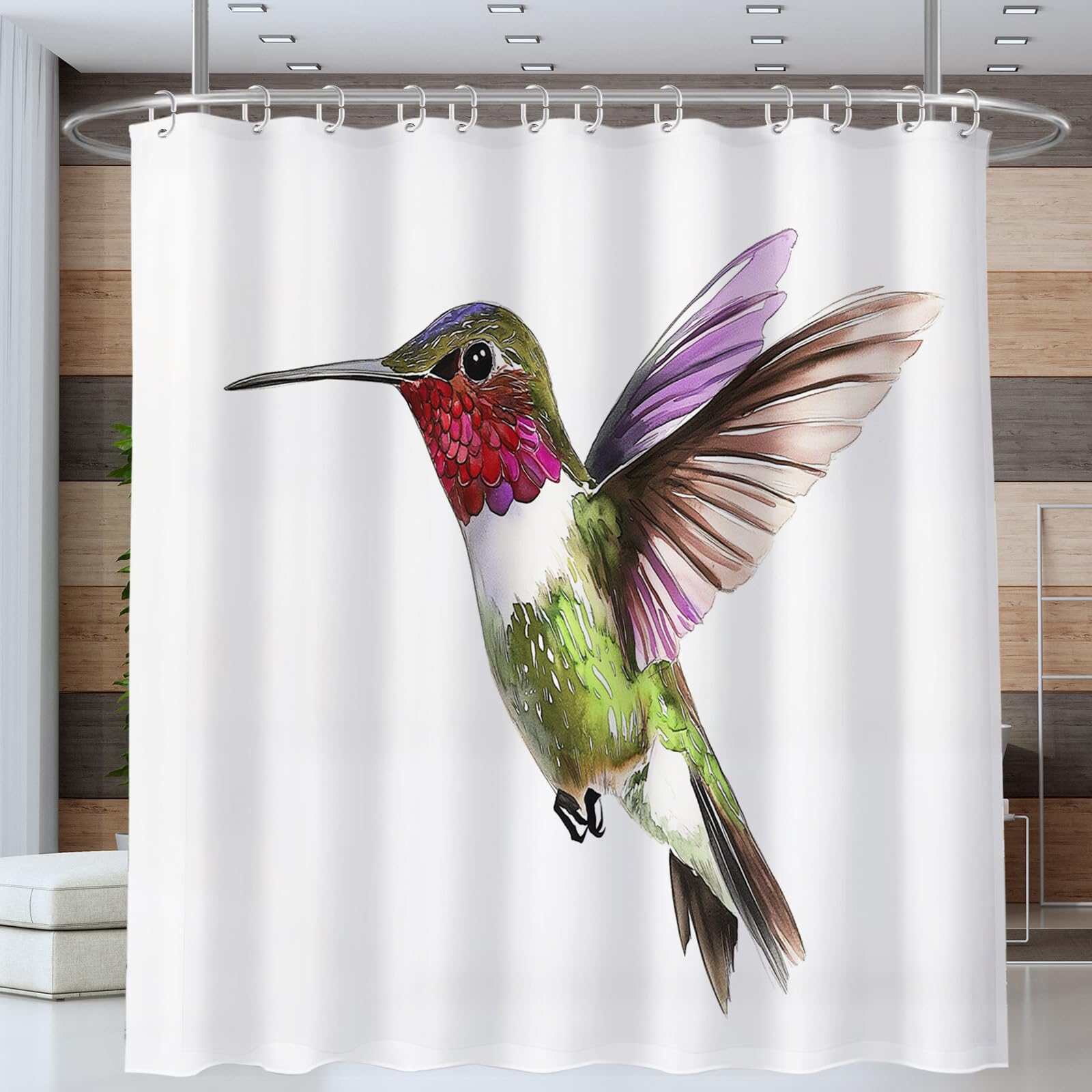 Rideau De Douche Colibri en Vol Animaux À L'Aquarelle Tissu Imperméable Lavable avec Crochets Anti Moisissure en Polyester Rideau Douche pour Salle De Bain