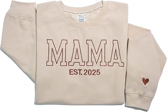 LullabyMall Personalized Embroidered Mama EST Sweatshirt For Women, Custom Gifts for Mothers Day Chirstmas Birthday for Mama