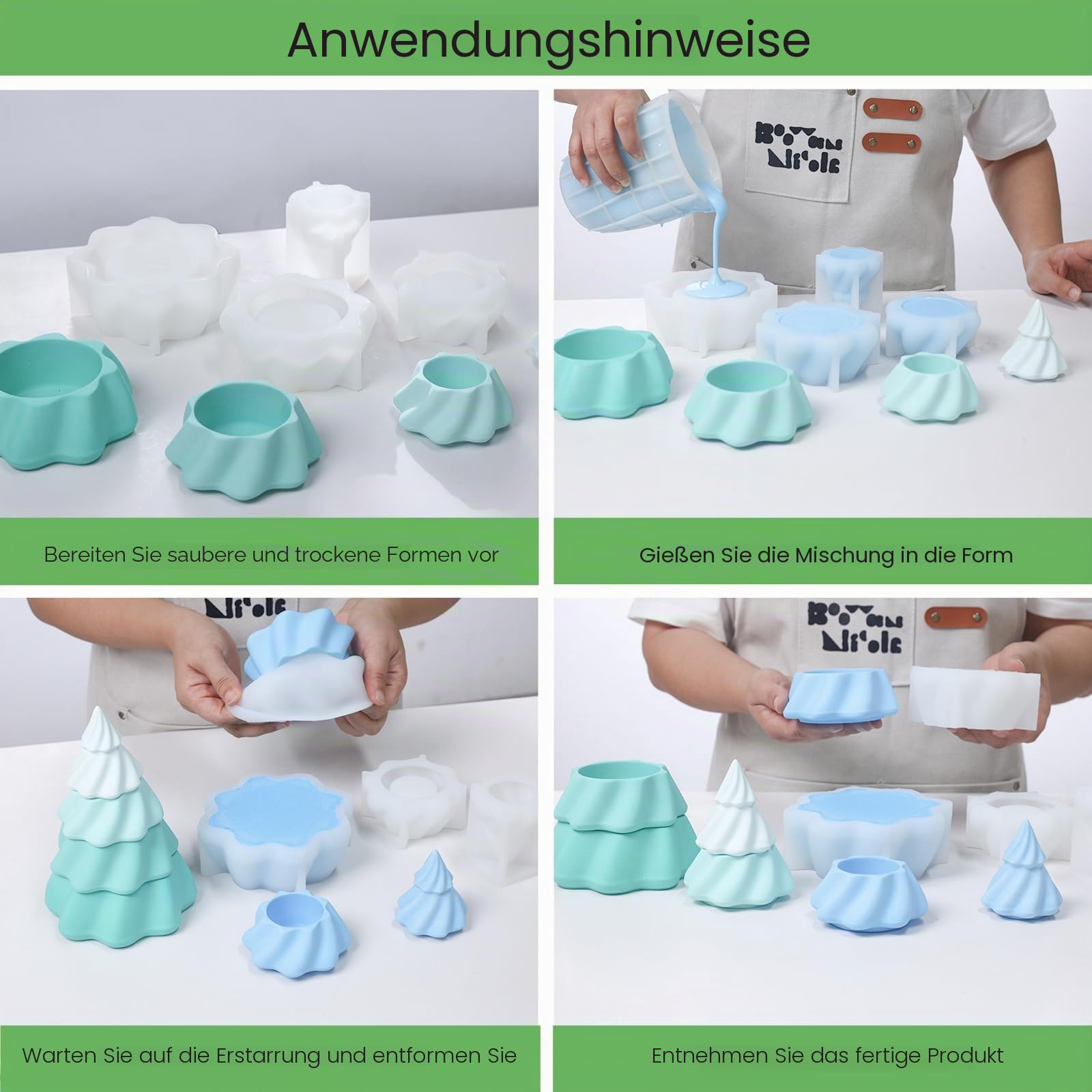 BOOWAN NICOLE Stapeln Weihnachten Weihnachtsbaum Kerzen Jar mit Deckel Beton Silikonformen,Christmas Tree - Kerzenständer Gips Gießformen für Weihnachts Deko (SH1107)