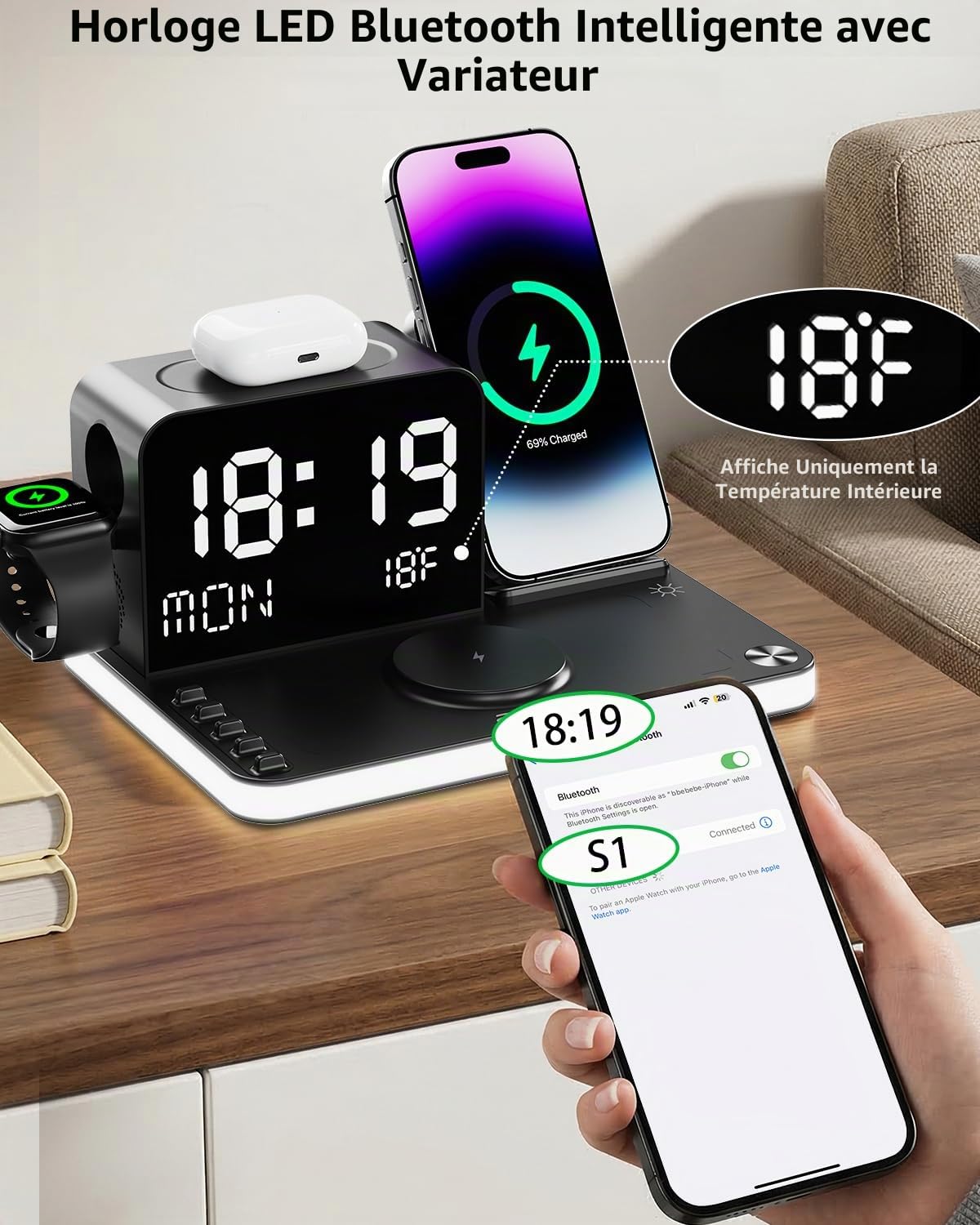 Acer Station de Charge sans Fil 7 en 1 avec veilleuse à luminosité réglable, Compatible avec iPhone 16/15/14/13/12 Toutes Les séries, téléphones Android, AirPods et iWatch, Chargeur Rapide avec