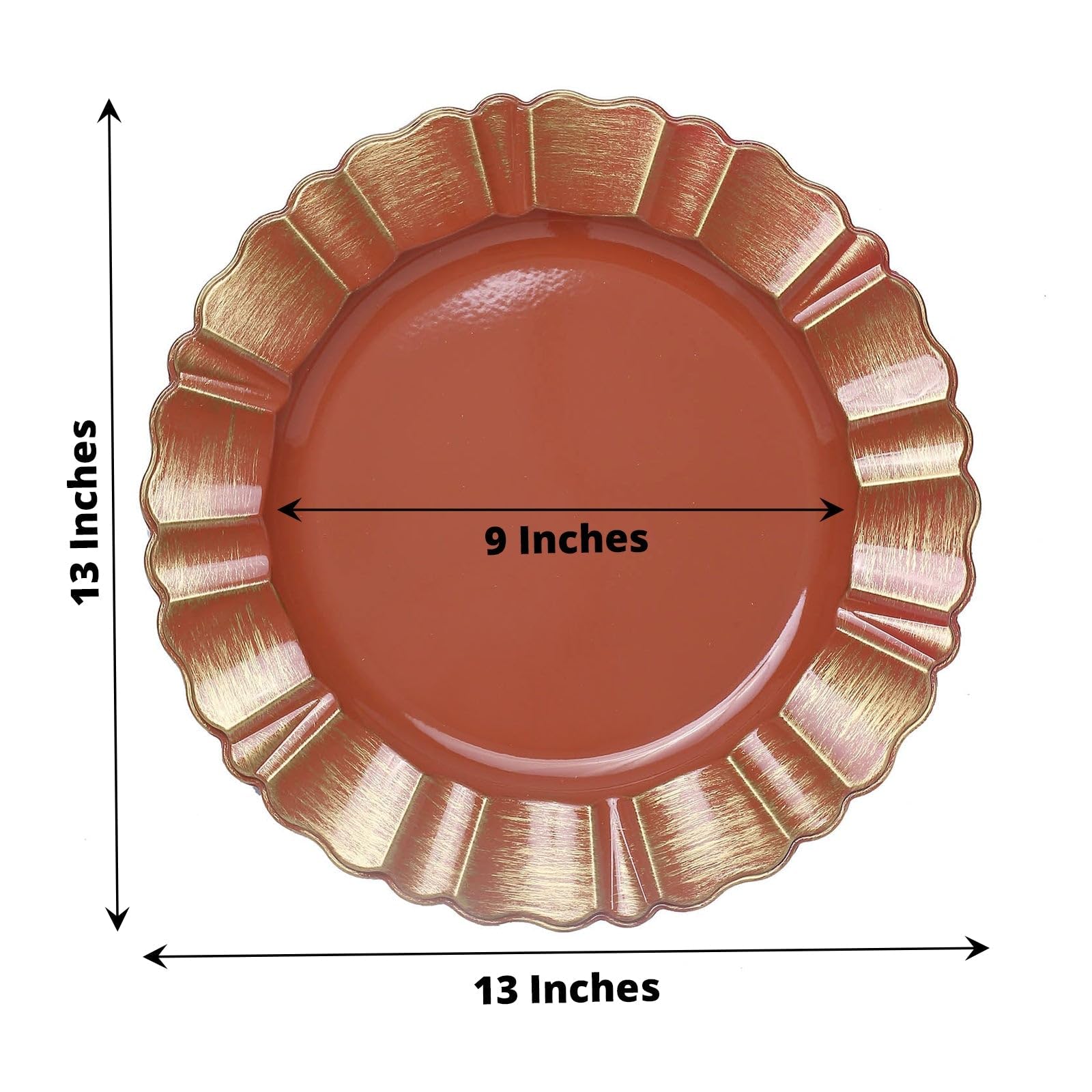 Balsa Circle 6 pcs 13-Inch Terracotta Gold Round Scalloped Trim Plastic Charger Plates Wedding Reception Event Decorations Supplies