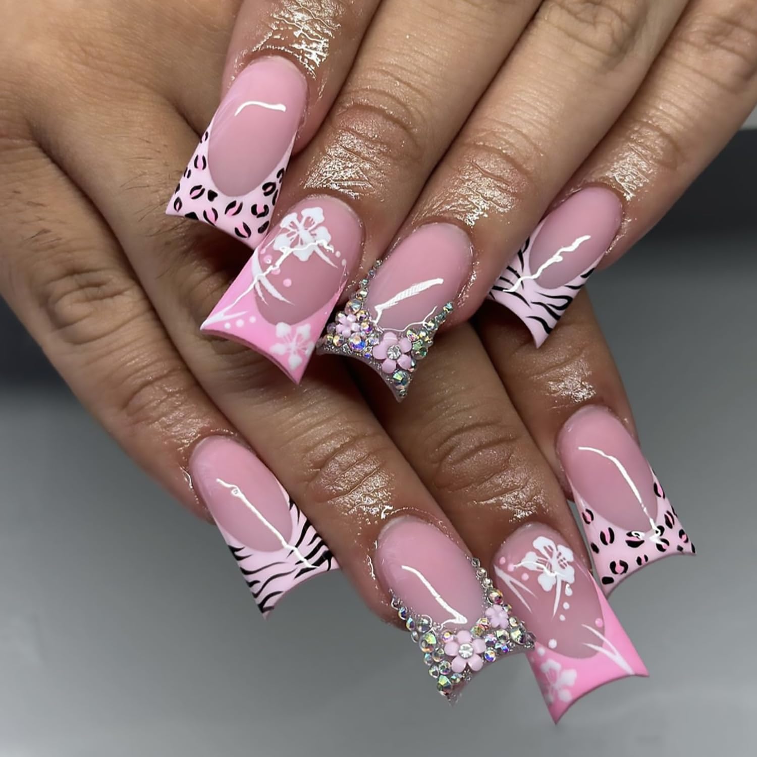 Duck Nails Press on Pink Leopard French Tip With Rhinestones 3D Flowers Design Glossy Full Cover Glue on Duck Feet Style False Acrylic Artificial