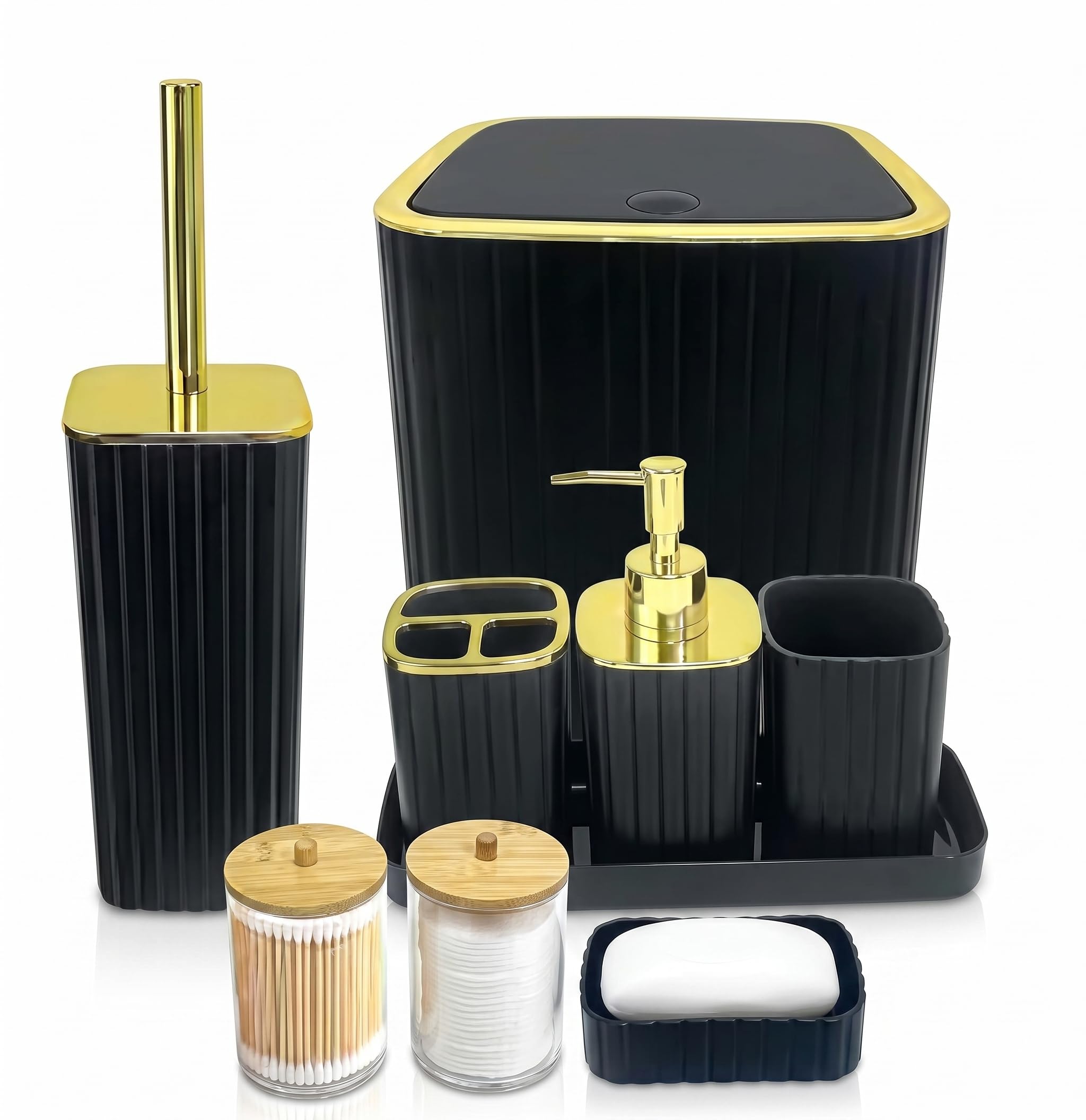 Kikzi® 9 Piece Bathroom Accessories Set, Black and Gold, Includes Toilet Brush, Soap Dispenser, Toothbrush Holder, Tumbler, Tray, Trash Can, Soap Dish