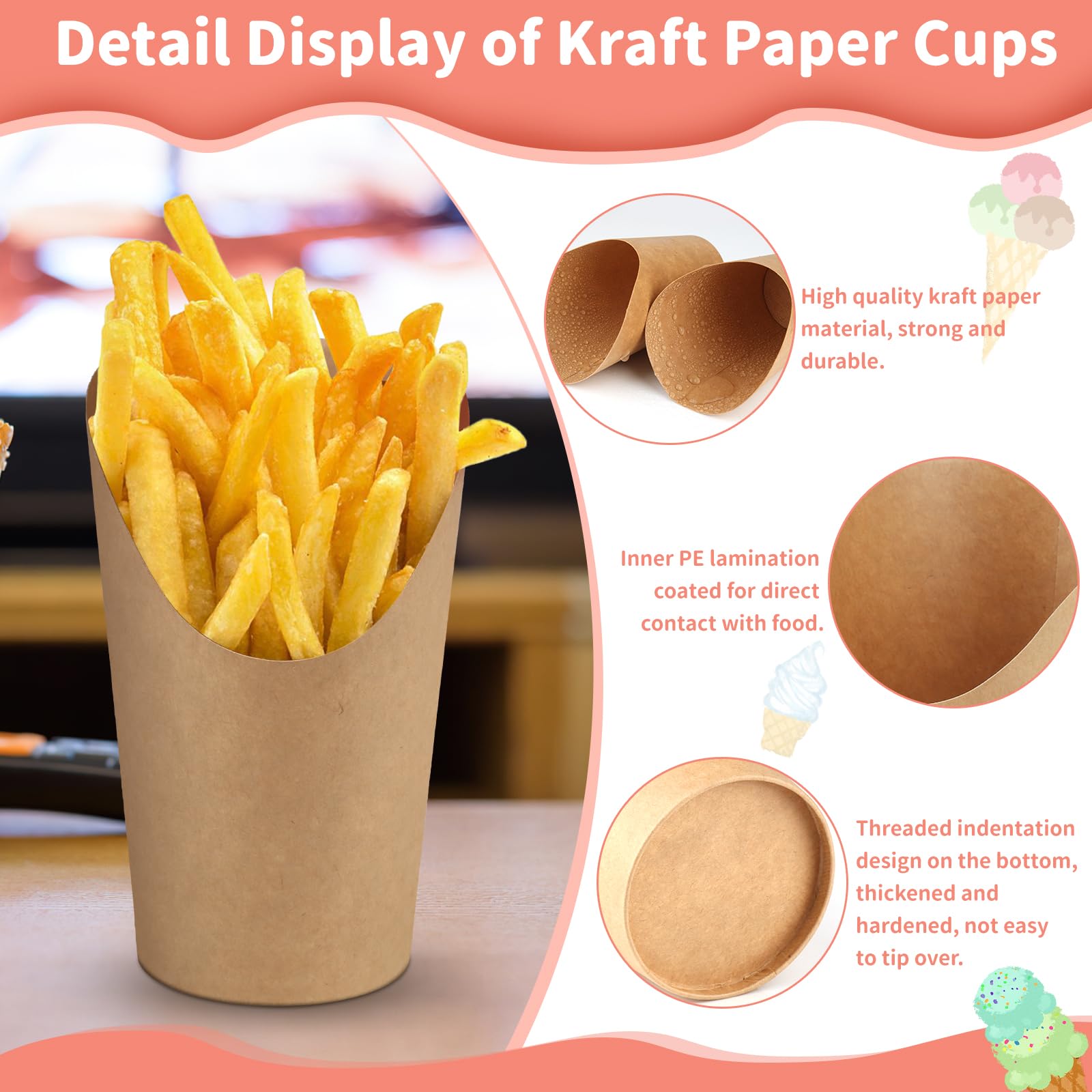 GUOYIHUA Pack of 60 Kraft Paper Cups, 12 oz Waffle Cups, Chip Paper Bags, Popcorn Bags, Snack Paper Cups with Slanted Mouth - Image 4
