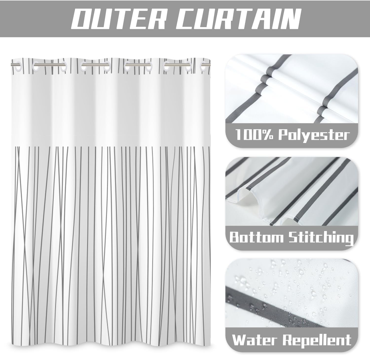 No Hook Shower Curtain and Liner Set Grey White Striped Modern Geometric Shower Curtain with Liner Washable Hotel Bathroom Curtains with See Through Mesh Top Window 71x74 Inch