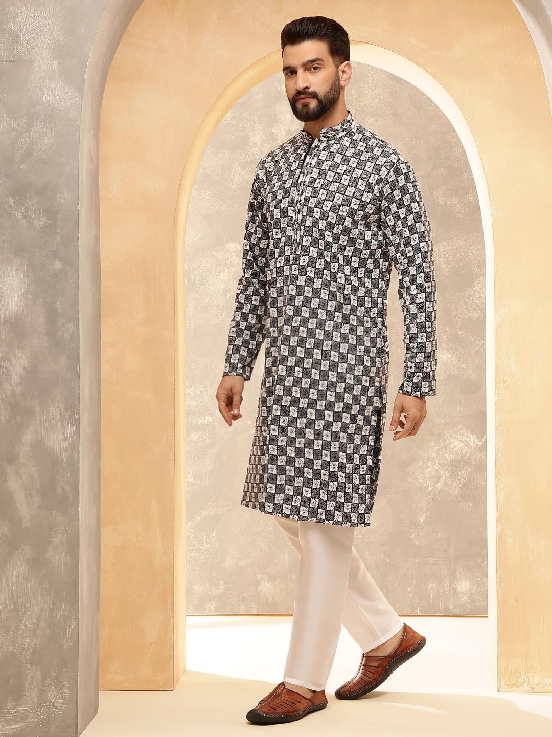 Sojanya (Since 1958 Men'S Cotton Rayon Embroidered Sequinned Kurta With White Pyjama