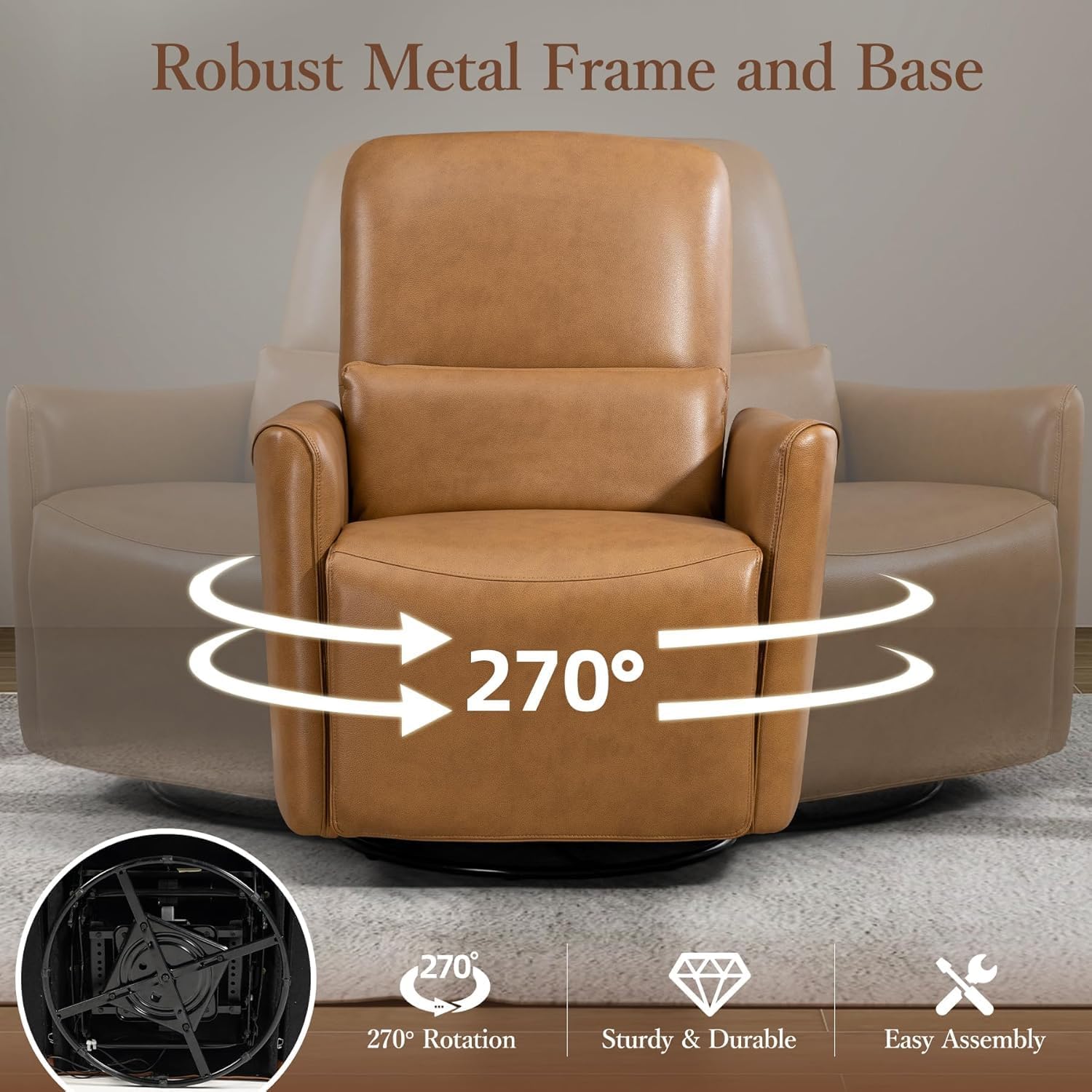 Power Swivel Recliner Chair, Faux Leather Glider Electric Rocking Chair for Adults. Nursery Rocker Single Sofa Chair with Lumbar Support for Living Room. Dual-port Charging: Type-C&USB, Brown