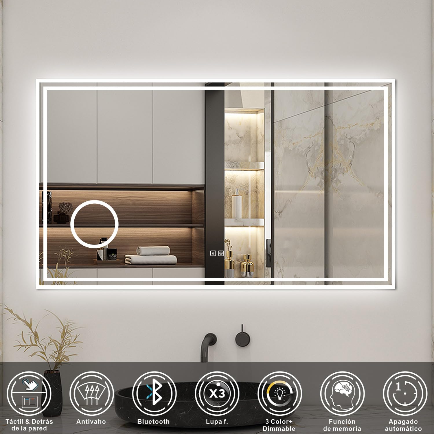 Espejo de baño con luz LED,120 x 70 cm, AICA Espejo, con luz led 3 Colores, función antinieble, Memoria agapada, Bluetooth, Lupa con Aumento de 3X y Brillo Ajustable. Diseño Moderno.