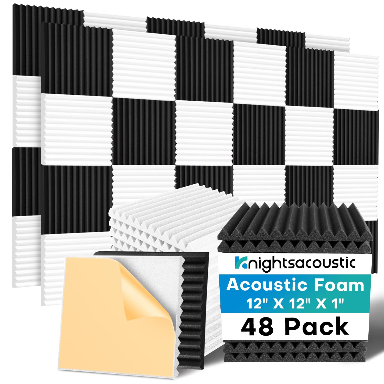 48 Pack Sound Proof Foam Panels for Walls with Self Adhesive, 12x12x1 Acoustic Foam Panels, High Density Acoustic Panels Sound Absorbing, Fire Resistant Studio Sound Proofing Black White