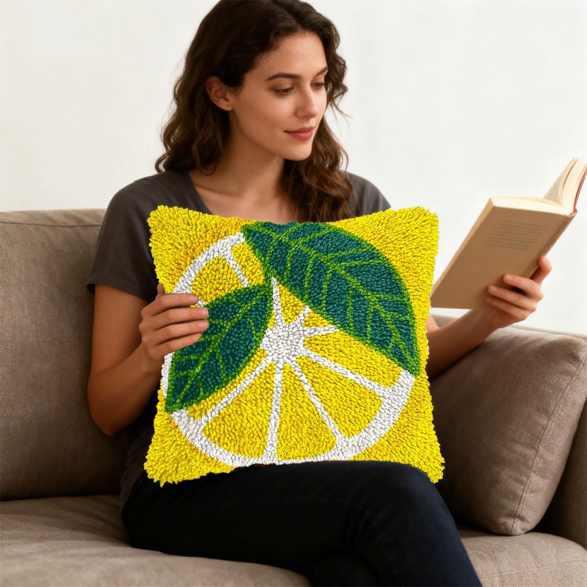 Latch Hook Pillow Kit for Adults with Fruit Lemon Pattern DIY Crochet Craft Kit Pillowcase Cushion for Home Decor 17x17inch-7