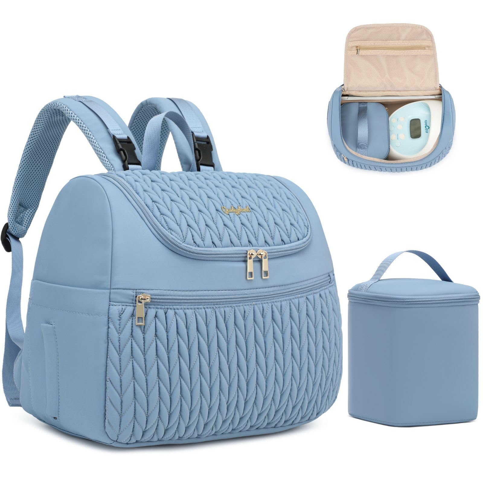 Qualyphant Breast Pump Bag Fit for Spectra S1 S2 with Insulated Cooler Bag & Drying Mat, Wearable Breast Pump Backpack with Bottle Bags for Momcozy Medela Elvie Willow, Quilted Blue