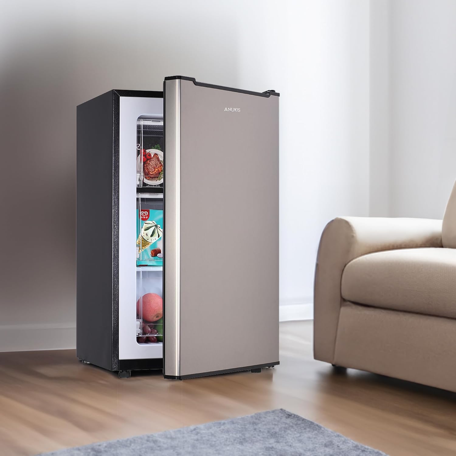 Anukis 3.0 Cu.ft Upright Freezer, Mini and Small Freezers with Adjustable Temperature, Three Freeze Shelves For Home, Kitchen, Office, Silver