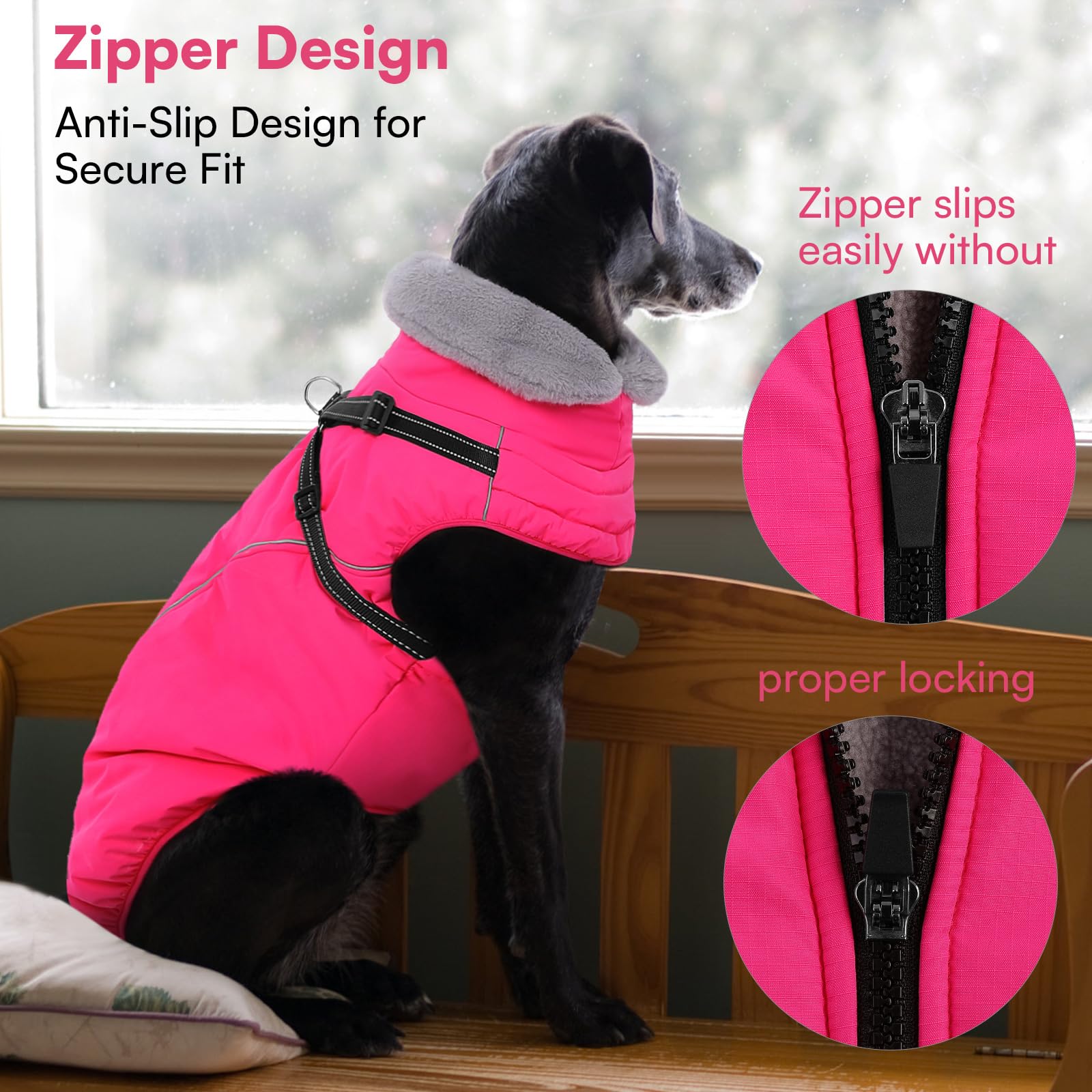 Queenmore Abrigo Perro Impermeable con Arnés | Abrigo Invernal con Forro Polar para Perros Grandes | para Clima Extremo Razas Gigantes(Rosa, 3XL)