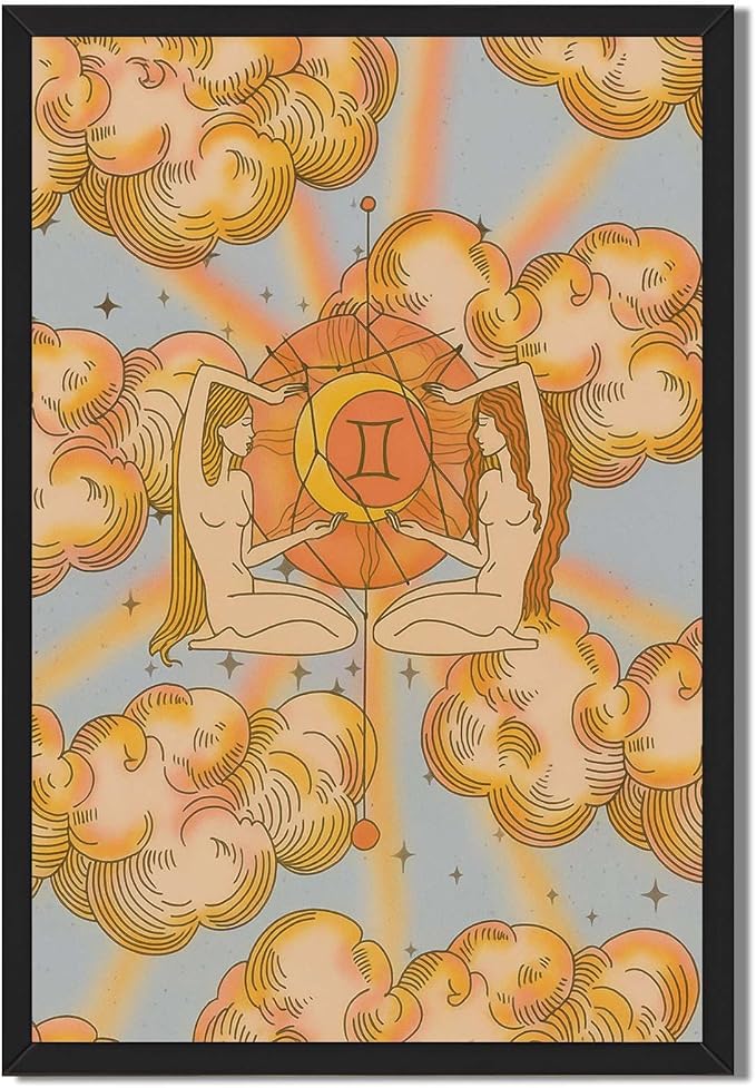 Framed Gemini Zodiac Sign Poster Canvas Print Art, Vintage Wall Art Painting, Boho Pictures, Trendy Home Decor, Art Print for Bedroom Decoration, Wall Decor Apartment (Black Framed,8L X12W)