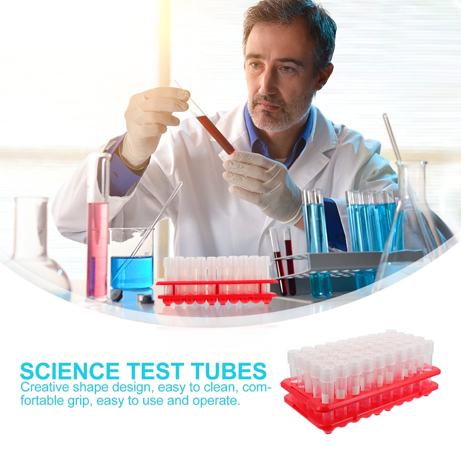 100 Tubos ensayo plástico, vial, Tubo Cultivo Laboratorio Transparente con Estante, Suministros para experimentos Laboratorio para experimentos científicos, Cuentas Caramelo, Almacenamiento líquido