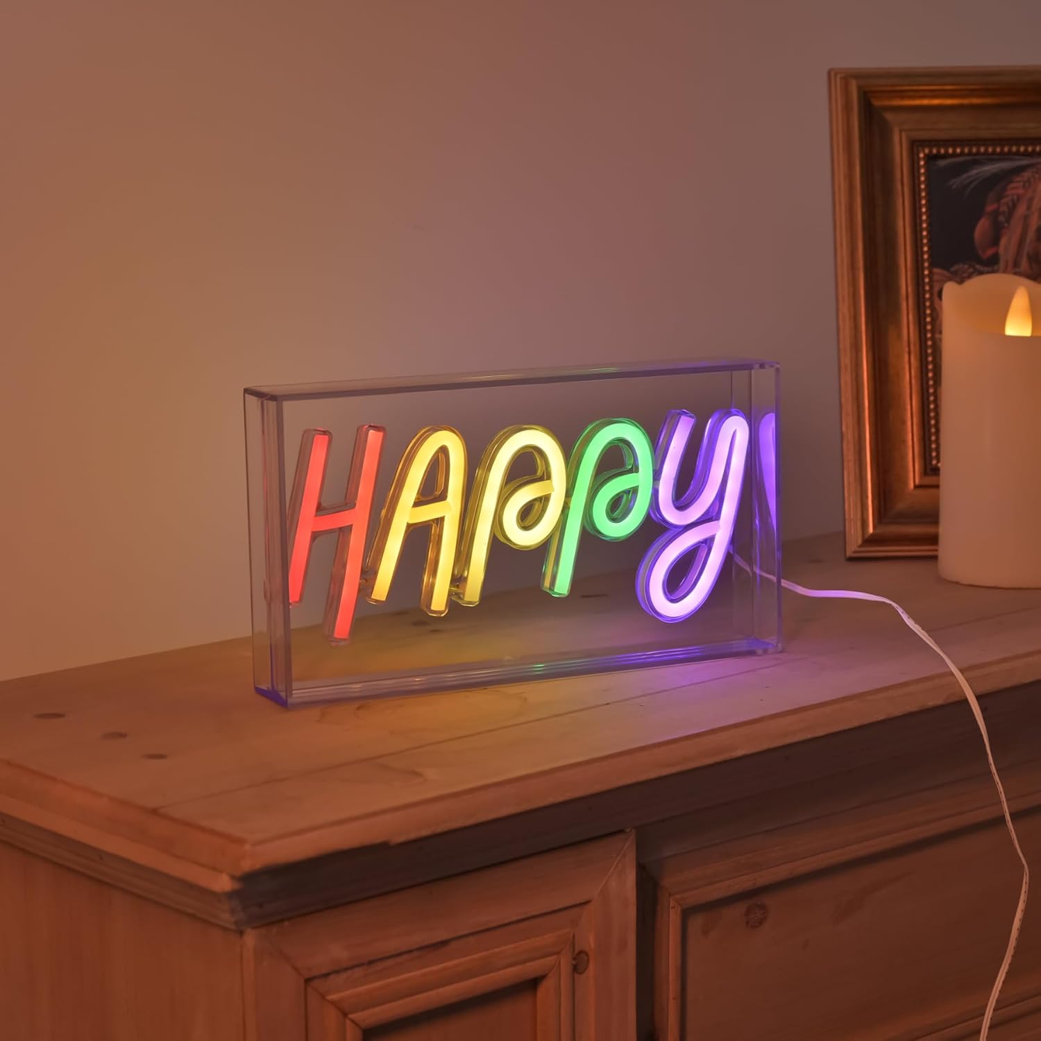 Happy Neon Signs, Neon Sign Light Standing LED Decor USB Powered Acrylic Handmade Advertising Sign Night Light for Kids Room, Bedroom, Party, Gift
