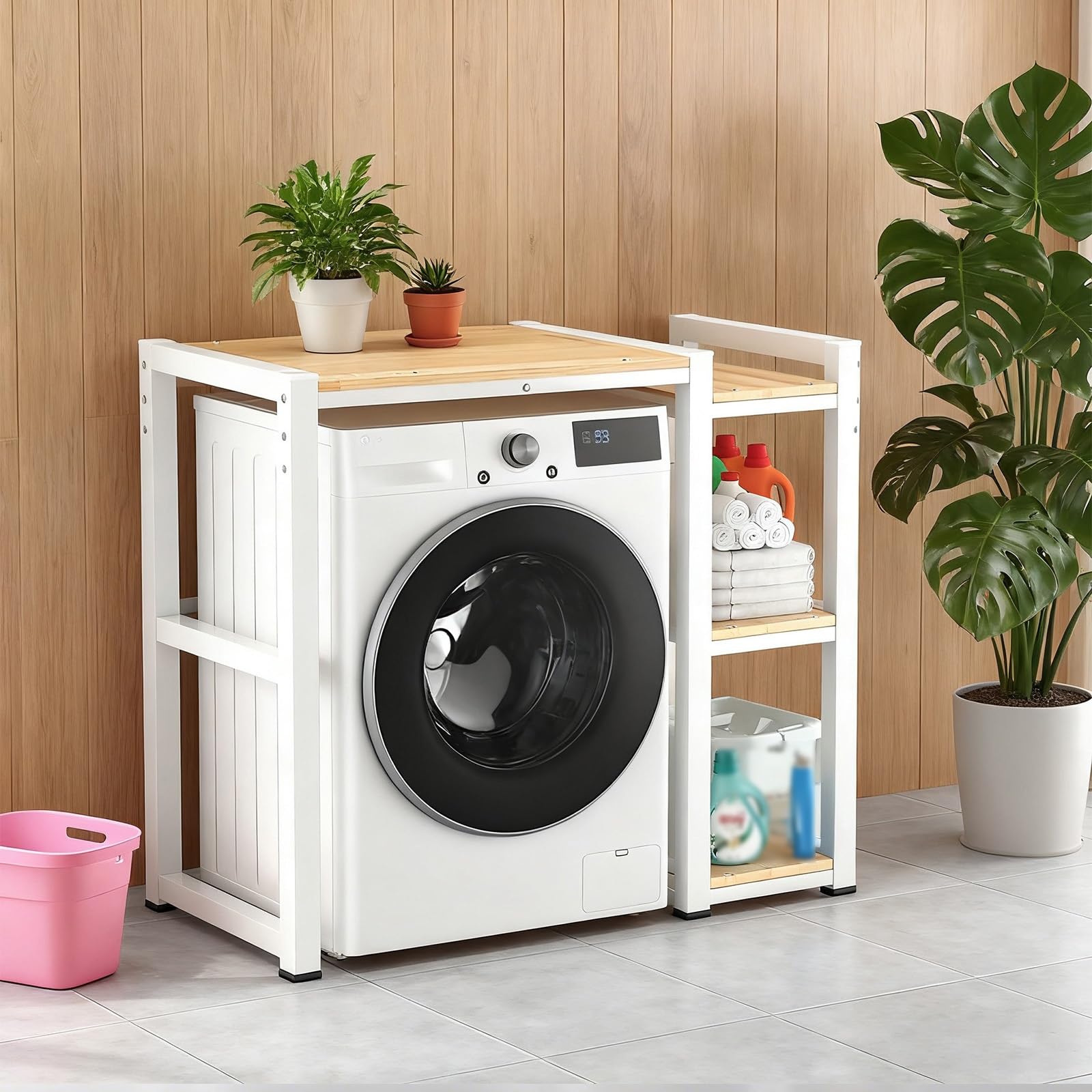 Adjuble 3-stöckiges Wäscheregal über Waschmaschine und Trockner, weißer Sto Nizer für Waschküche, 4 cm Höhe, verstellbare Cabi, platzsparende Lösung für Zuhause