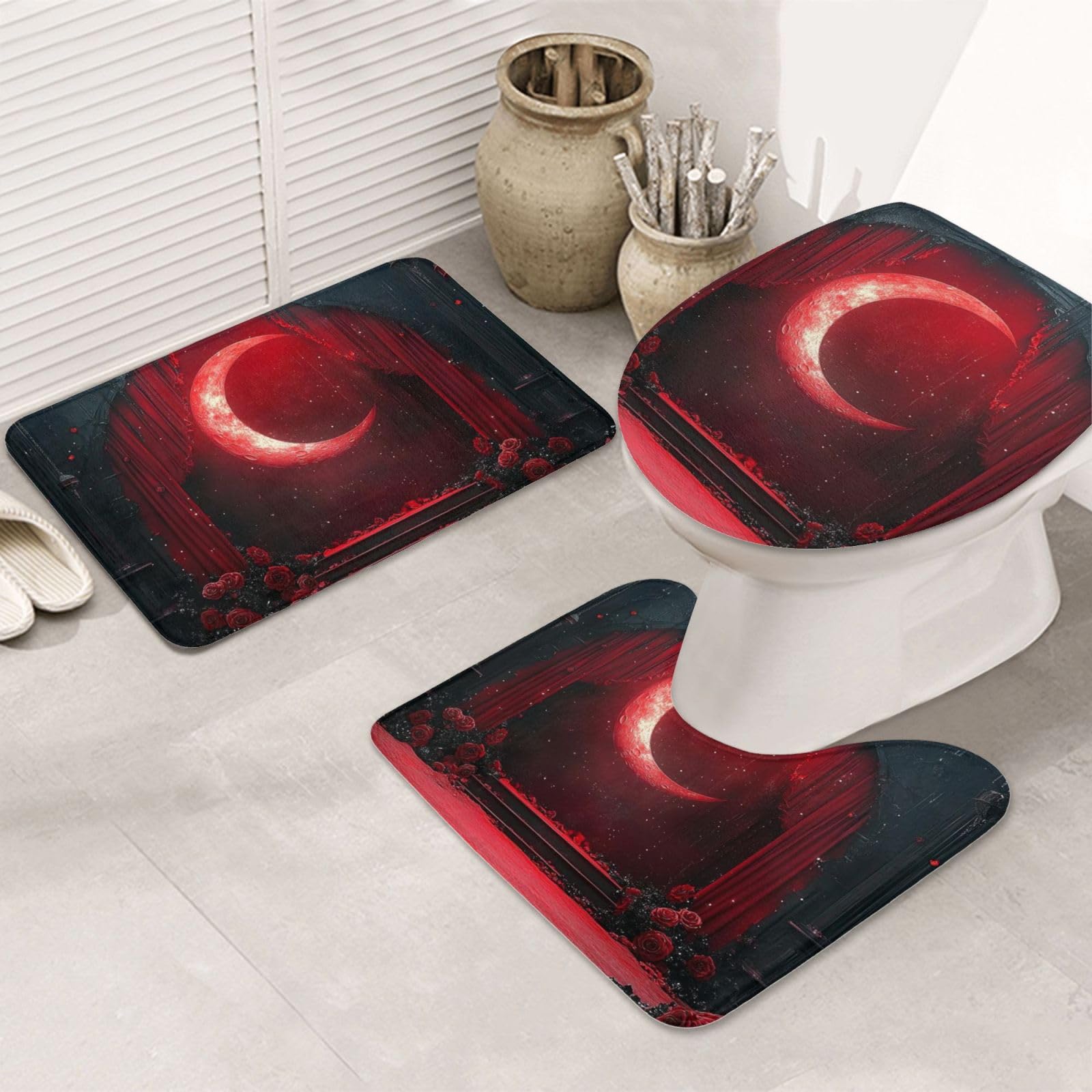 Alfombrilla de baño antideslizante juego de 3 piezas gótico de rosas negras