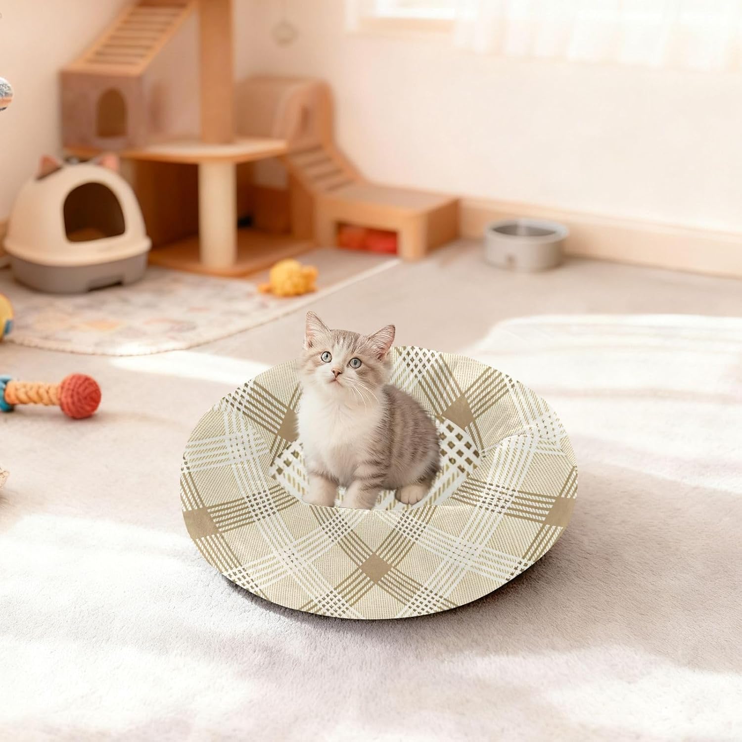 Dog Bed Ultra Soft Fluffy Comfortable Cat Bed, Plaid Netural Washable Dog Beds Anti-Slip Round Pet Beds for Medium Dogs