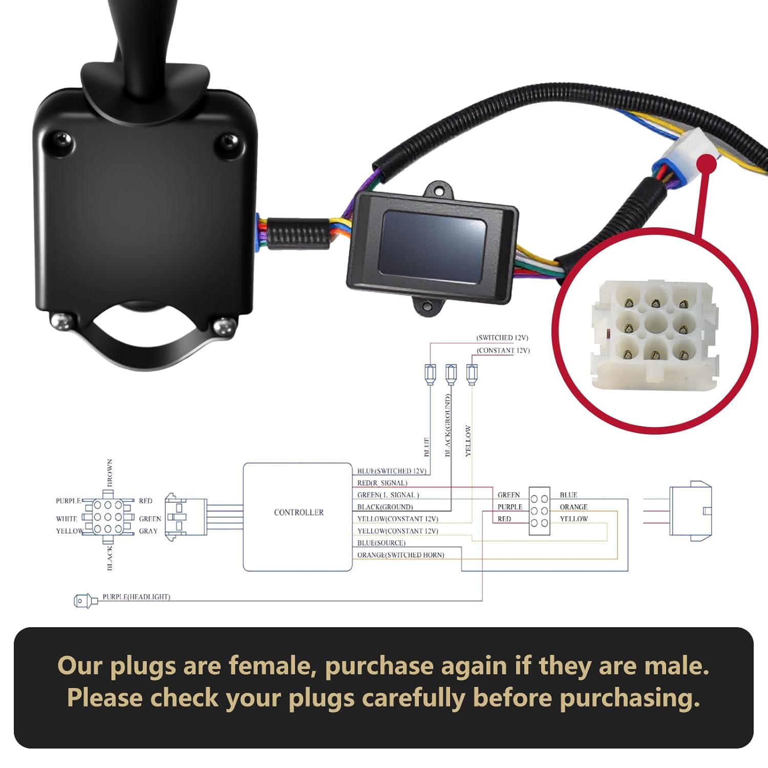 Universal Golf Cart Turn Signal Switch with Horn Button,9-Pin Plug Upgrade Wiring Harness，12V for Club Car EZGO Yamaha