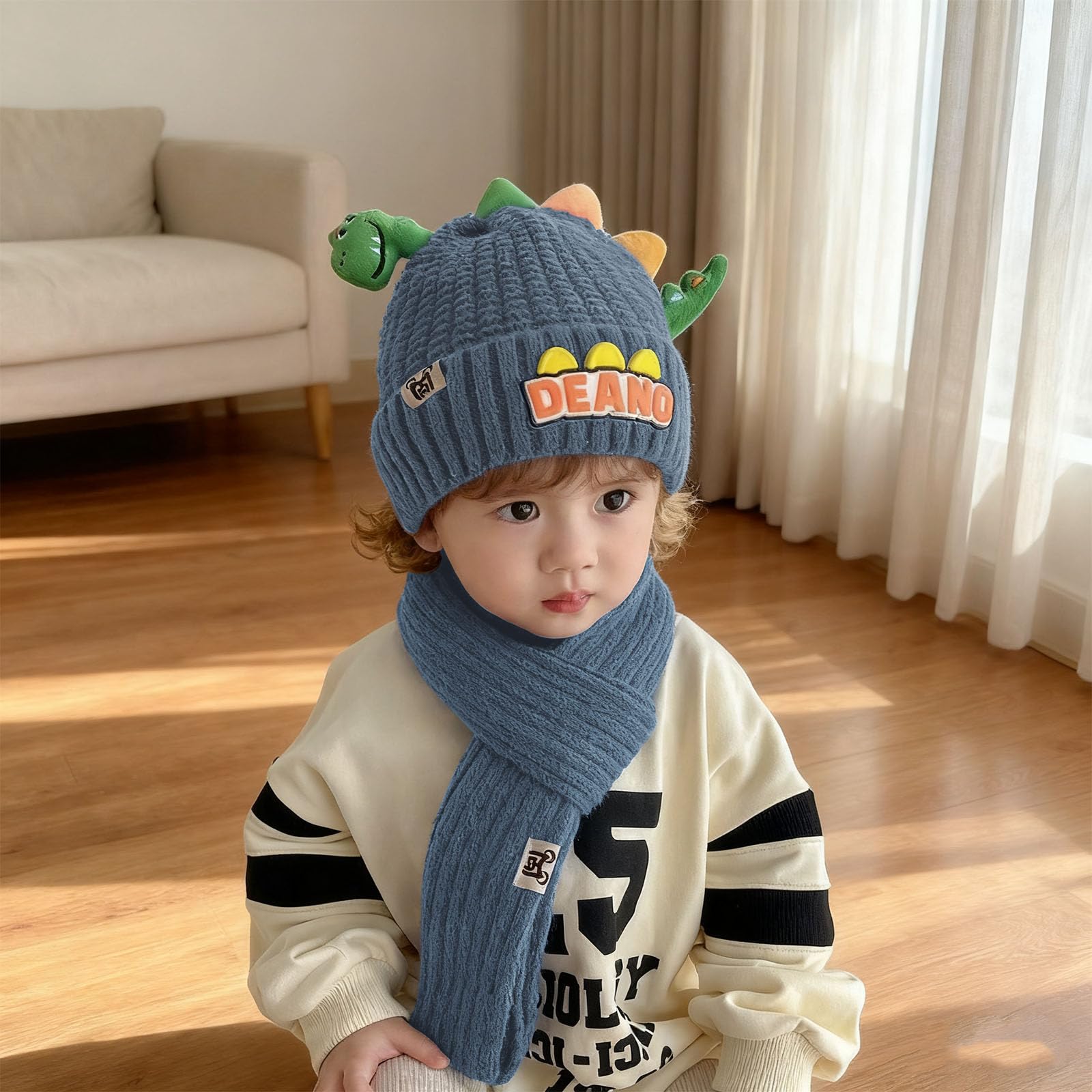 Conjunto Bufanda Gorro y Guantes Niño, Set de Gorra Bufanda Guantes Termicos Niño, 3 en 1 de Punto Gorras Beanie Bufandas Guante Termico, Diseño de Dinosaurios Lindo Gorros Scarf Winter Gloves