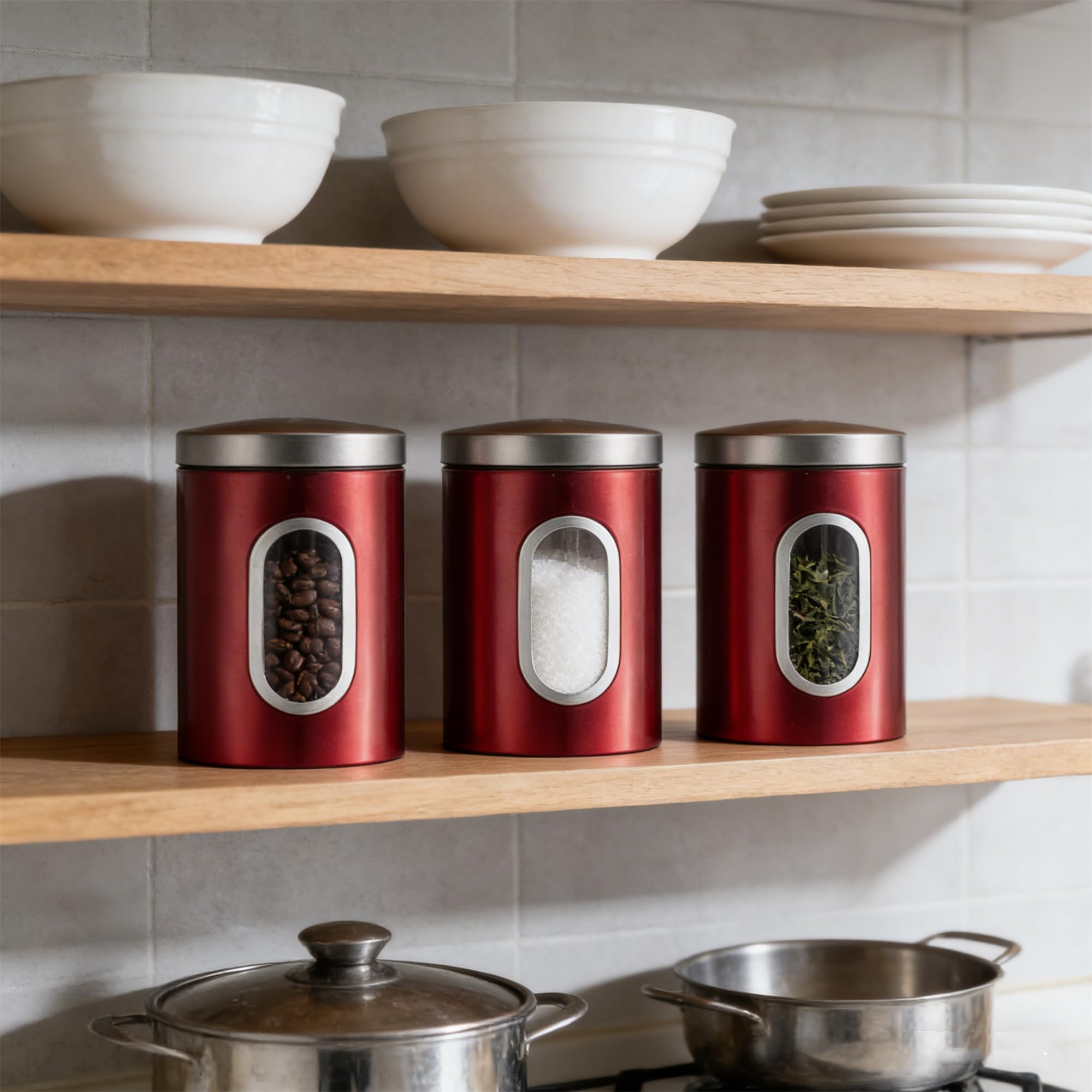 Set di 3 barattoli ermetici da cucina in acciaio inox, con finestra trasparente per tè, caffè, bar, ristorante, piano di lavoro