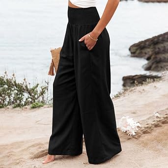 Wide Leg Linen Pants for Women Summer Baggy Beach Pants Smocked High Waisted Flowy Pants Yoga Pants with Pockets
