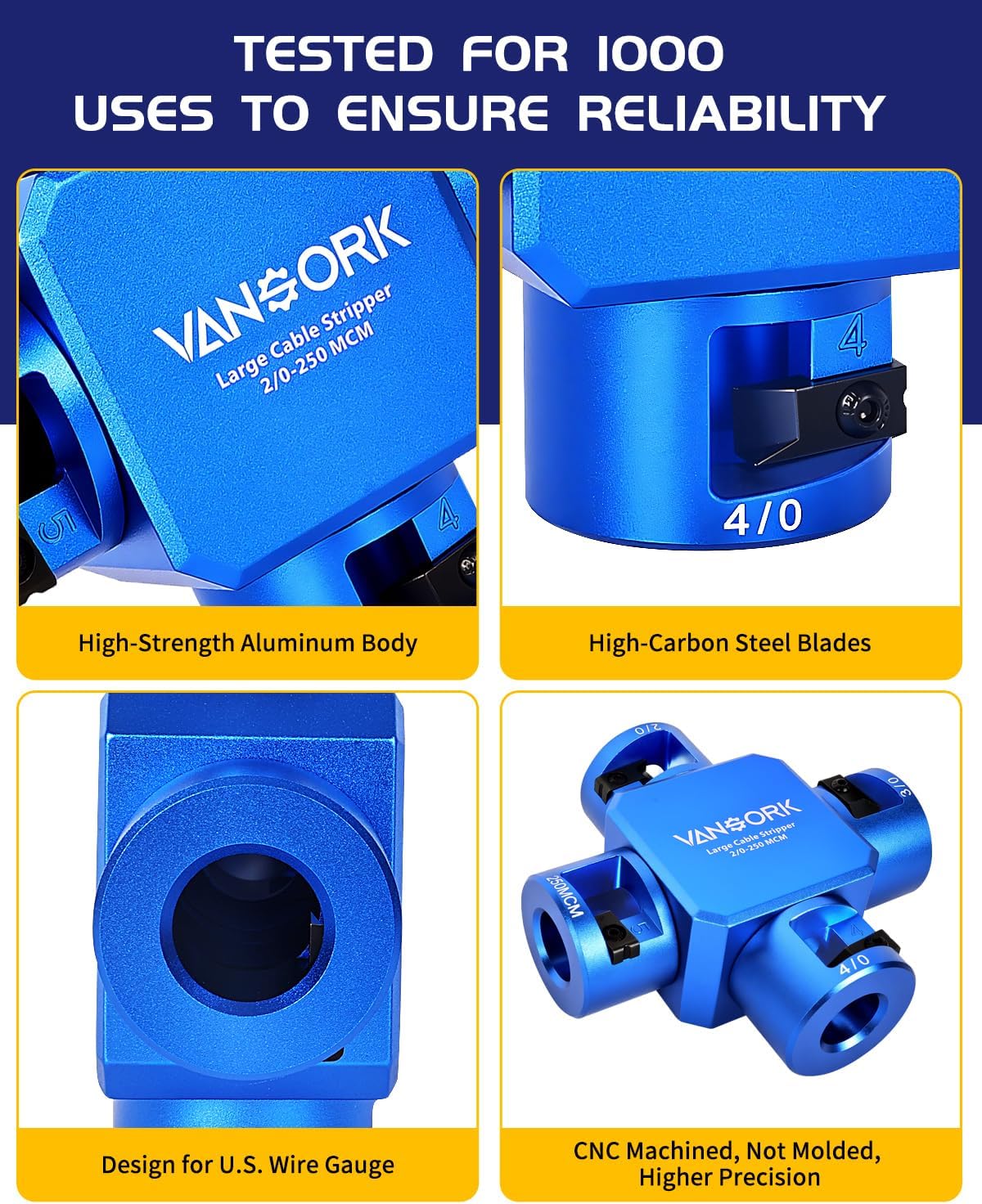 10380 Large Cable Stripper (2/0-250 MCM), 4-in-1 Clover Design Heavy-duty Cable Stripping and Cutting tool, Large Gauge Wire Stripper for Thick Cables Big Round Wire Insulation Jacket Removal