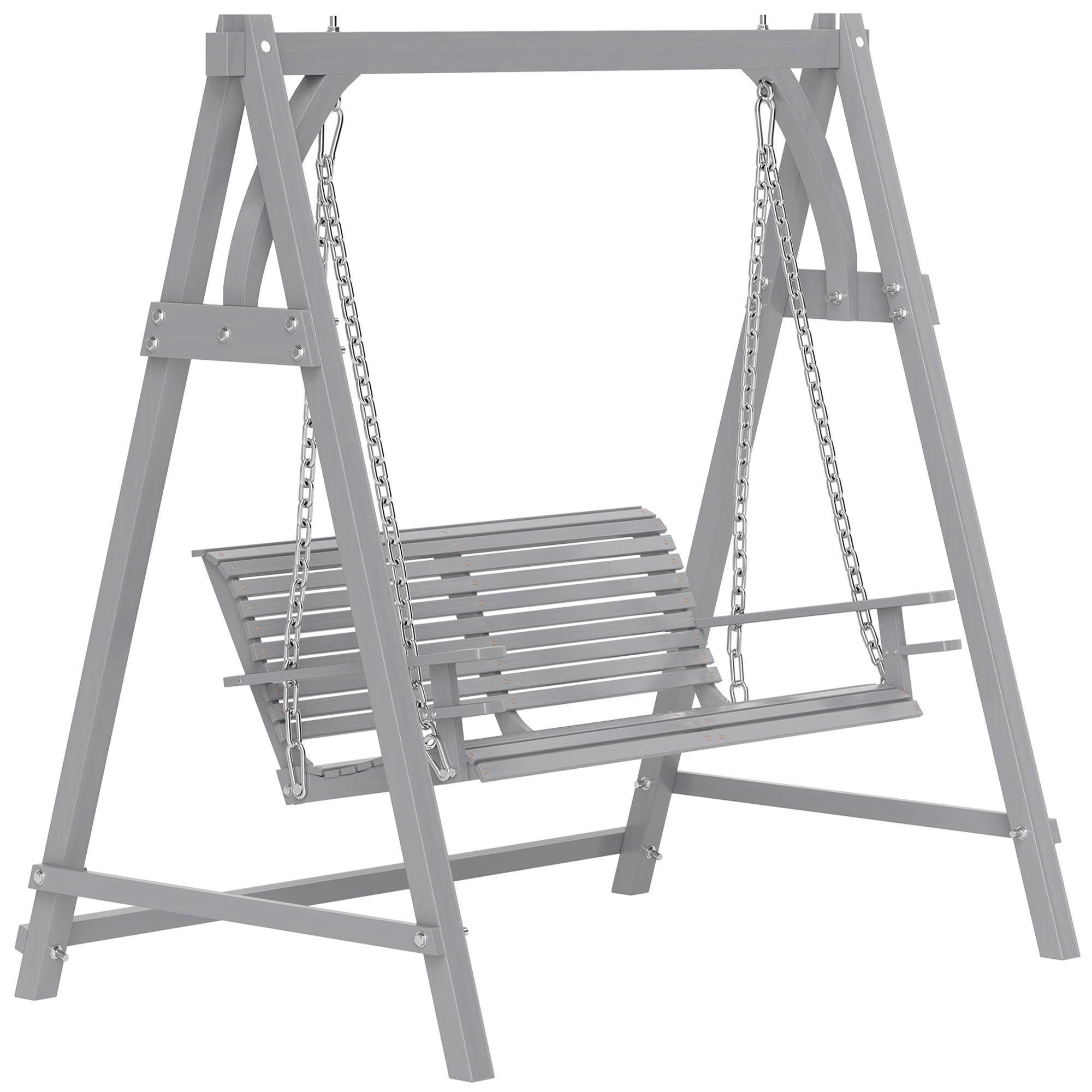 Outsunny 2 Seater Garden Swing Seat, Wooden Swing Chair Bench with Adjustable Hanging Chains and Cup Holders for Outdoor Porch Patio, Grey