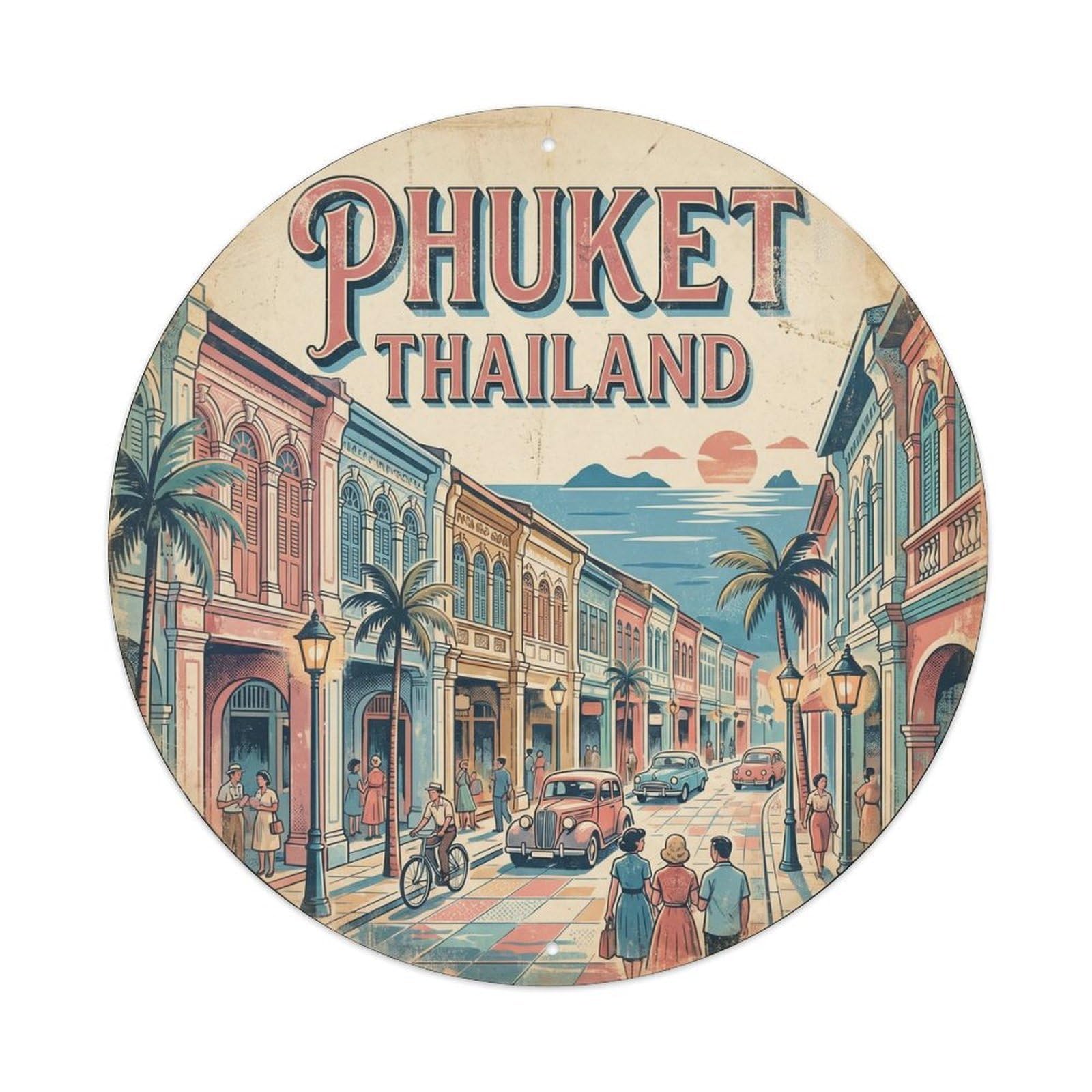 Phuket Old Town Island Map Seaside City Southeast Asia Vintage Metal Tin Sign Plaque Wall Decor for Cafe, Club Bar, Office, Garden Metal Poster 8x8Inch