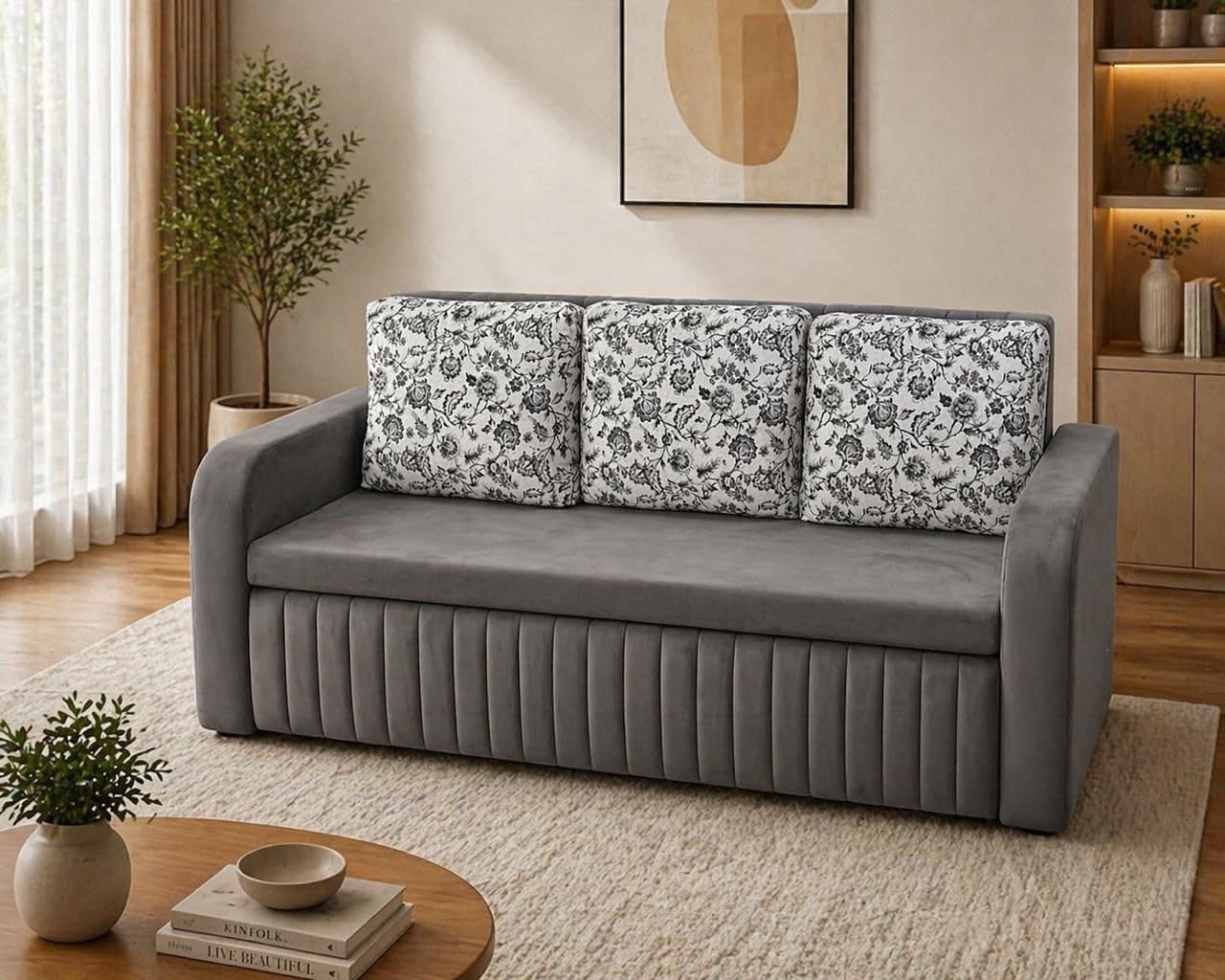 Luxury 3 Seater Sofa Cum Bed with Metal Frame, Convertible Folding Sleeper Sofa, Premium Fabric Grey Upholstery, Full Cushion Comfort, Space Saving Furniture for Living Room & Guest Room-image-10
