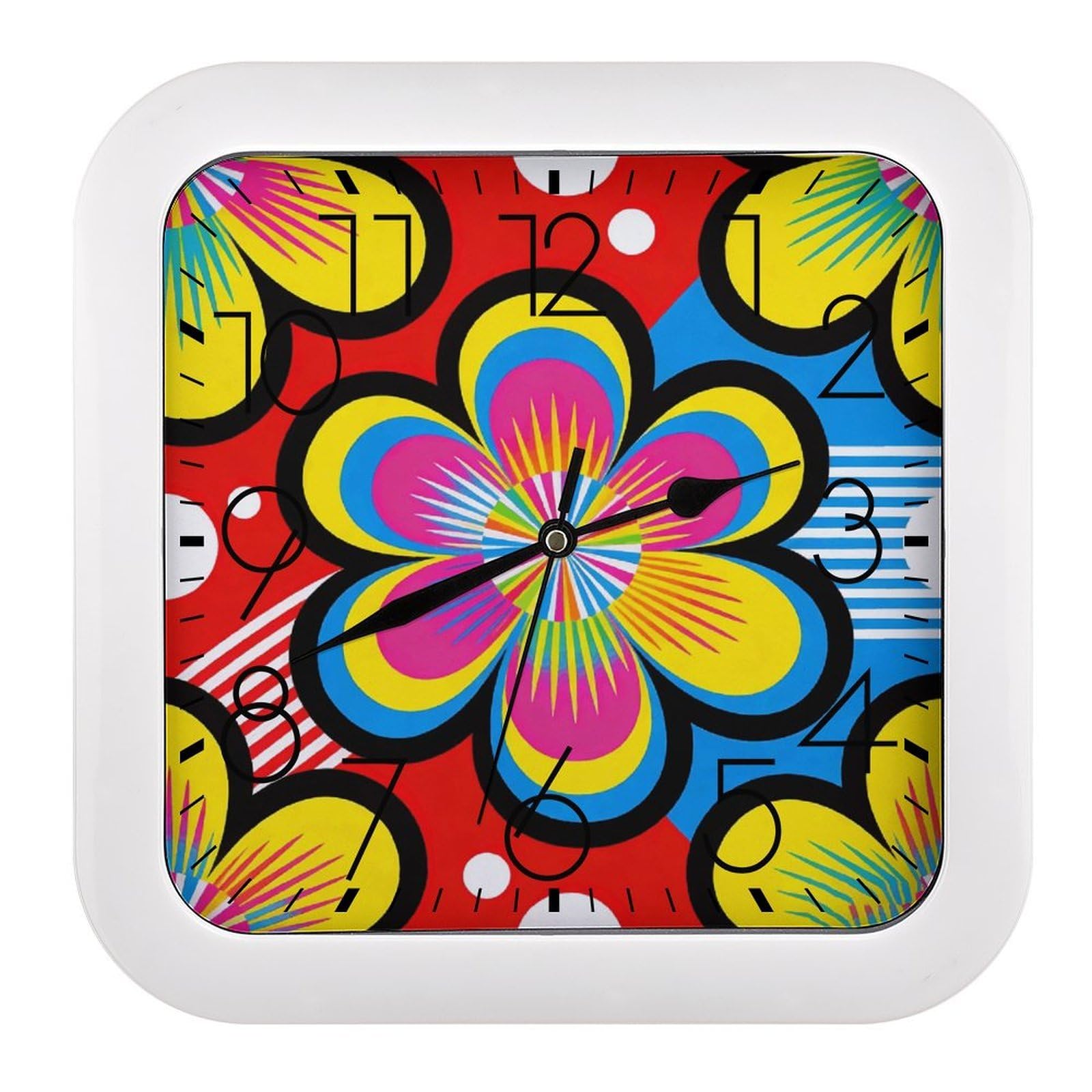Fodpand Style Neon Flower Core Wall Clock,Battery Operated Modern Retro Rounded Square Clock Clock For Bedroom Living Room Office Home Gym Porch Decor Indoor Outdoor 10.2 * 10.2In