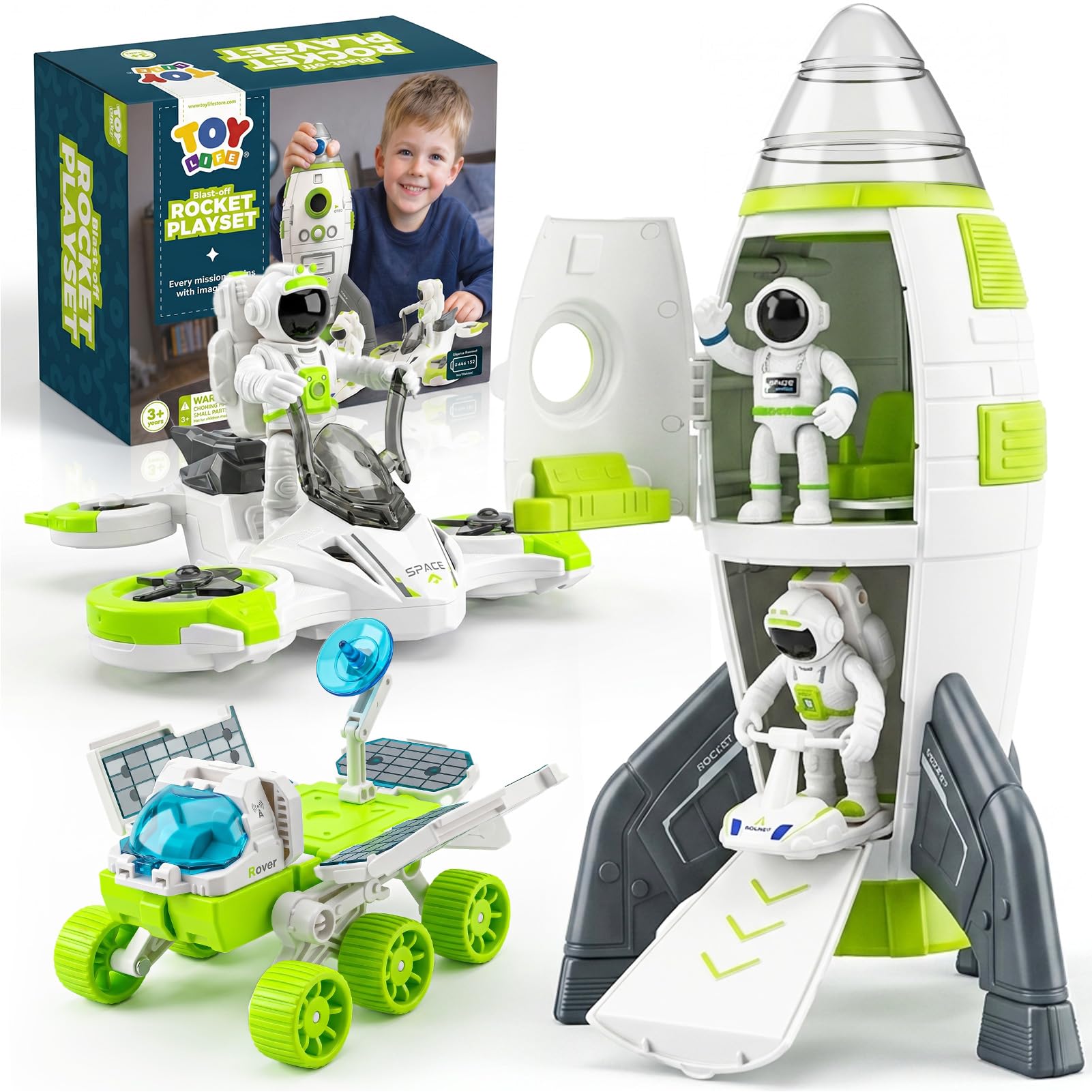 Space Rocket Toy for Kid, Shuttle with Astronaut Spaceship Planet and Car, for Boy 3 4 5 6 7 8, Birthday Gift for Age 3+