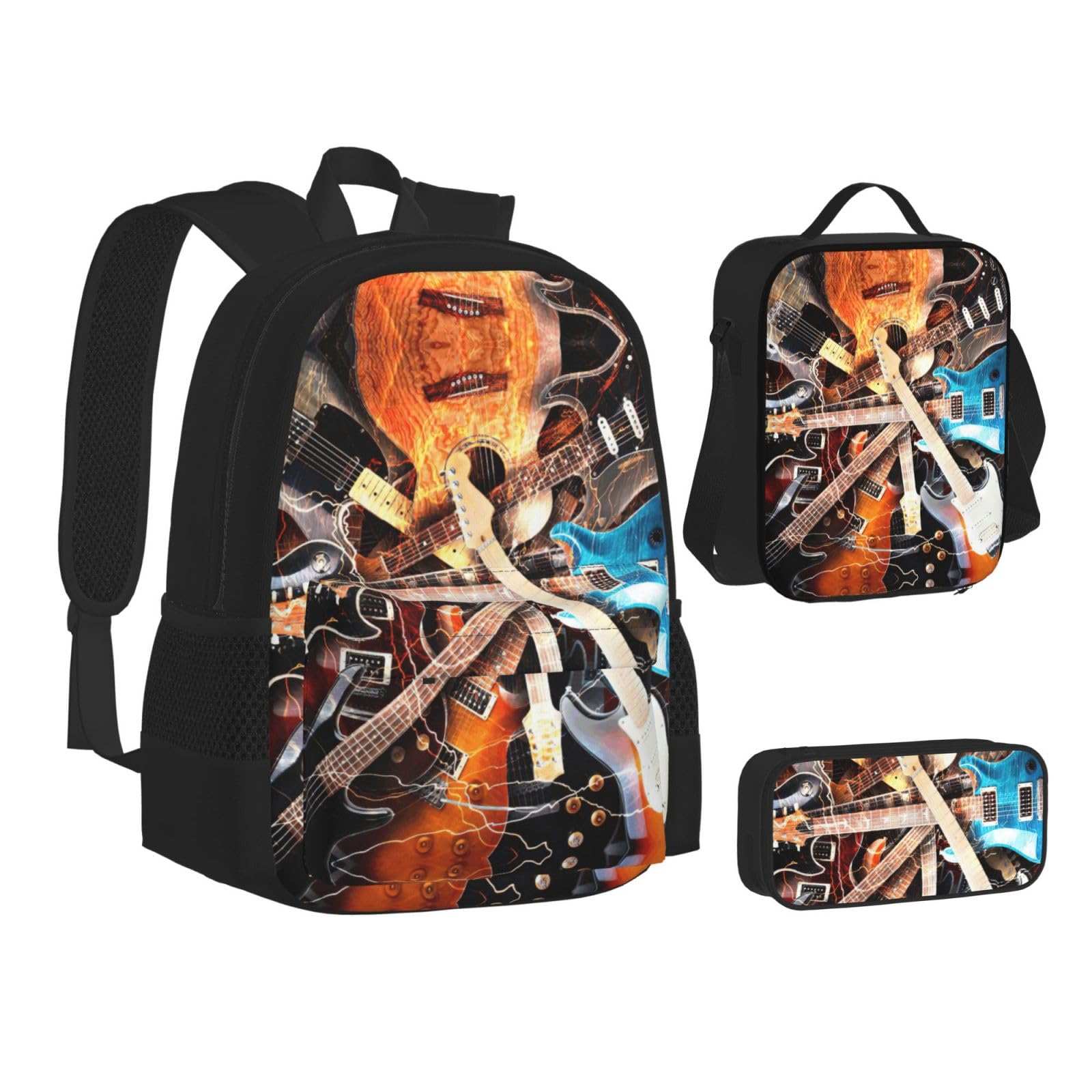 Juego de 3 mochilas escolares con estampado de guitarra musical, mochila para laptop resistente al agua de gran capacidad con bolsa de almuerzo aislada y estuche para lápices para adolescentes