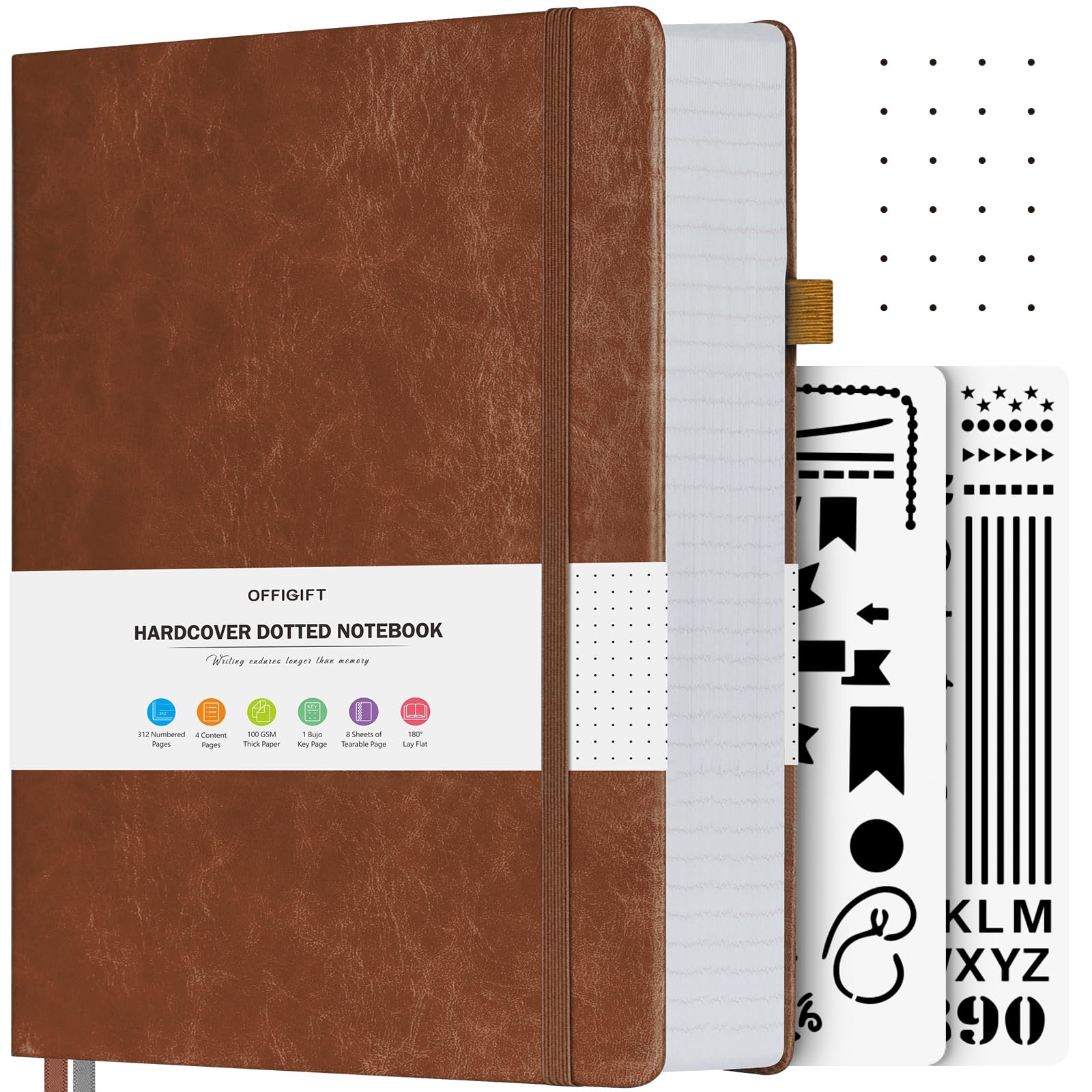 OFFIGIFT Dotted Notebook, 312 Numbered Pages Large B5 Hardback Leather Notebook, 100gsm No Bleed Paper Dot Grid Notebook with Index Pages, Dotted Journal for Bullet Journaling, 19.3 x 26.4cm, Brown — image 1