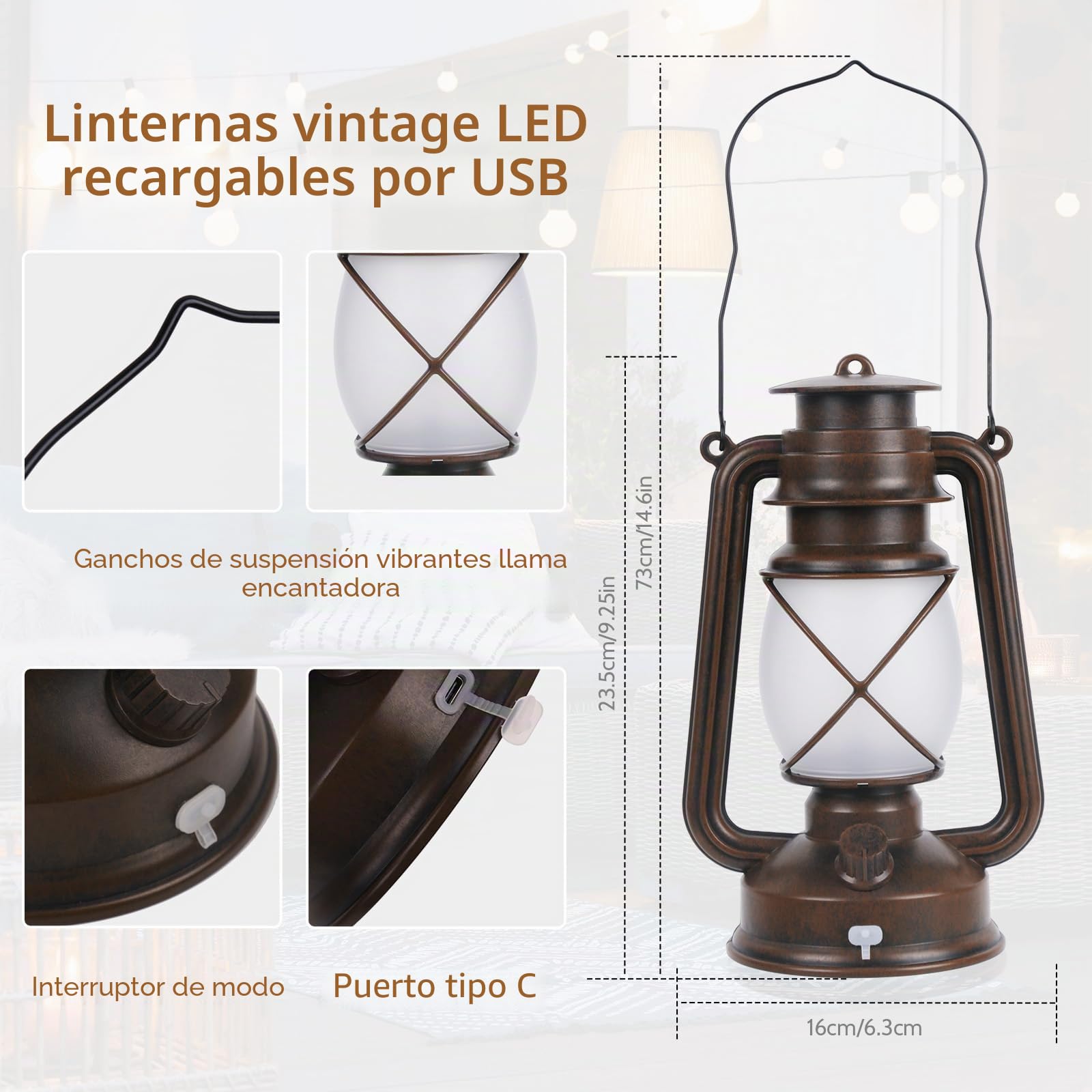 Shinmax Farolillos para exteriores, 2 unidades, estilo retro, para exteriores, efecto de llama, USB, resistente a la intemperie, con mando a distancia