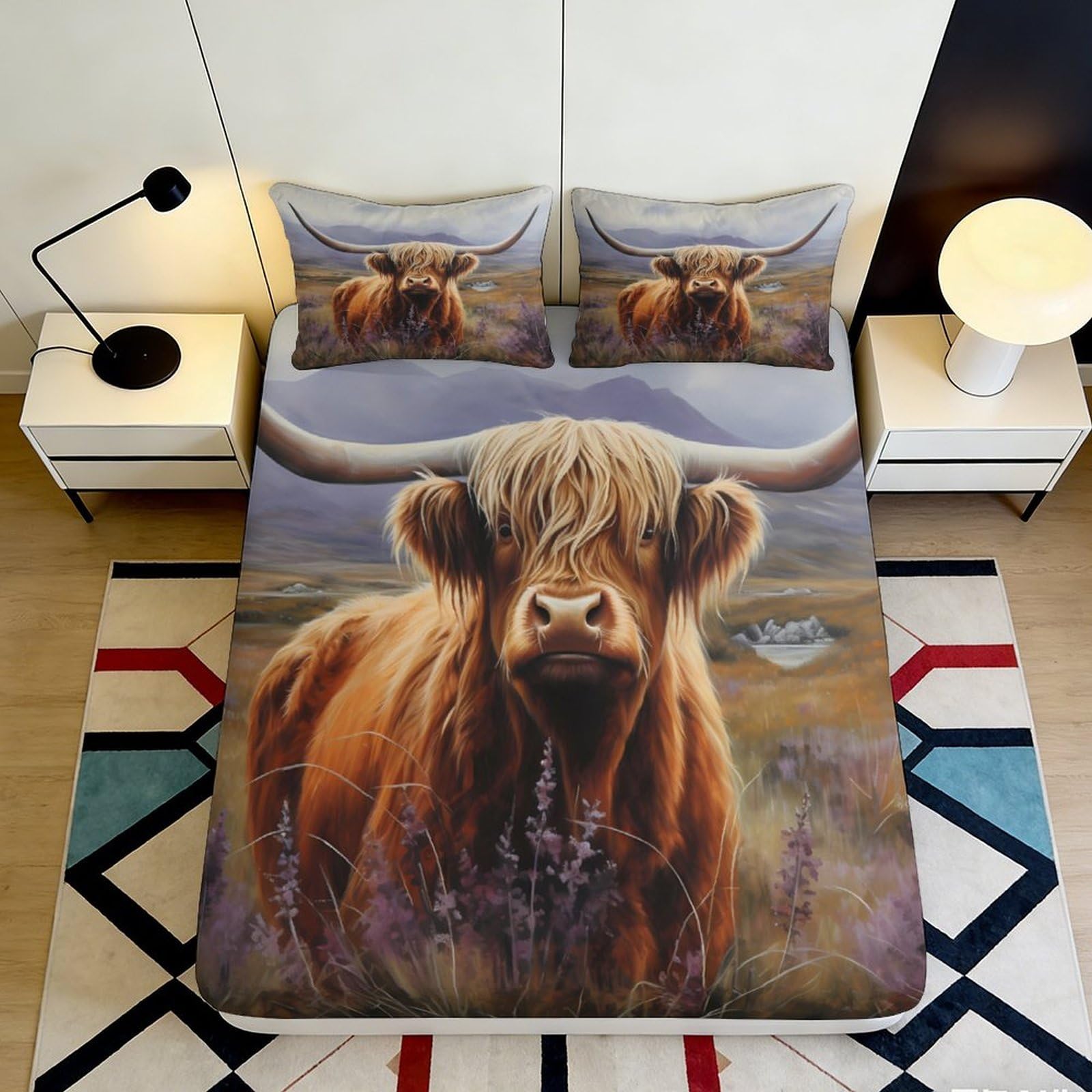 3D Printed Highland Cow Fitted Sheet Microfiber Soft Breathable Bull Design Bed Cover for Bedroom Dormitory Guest Room Mattress Protection 160x200x25cm
