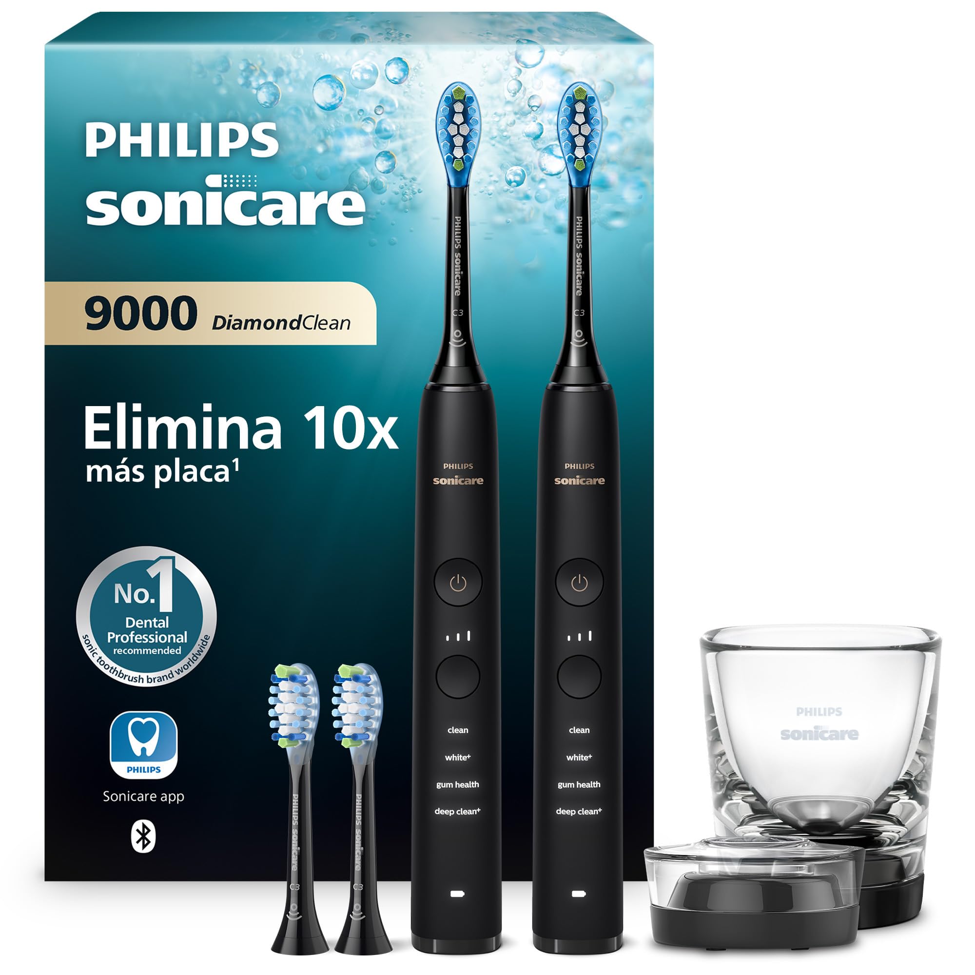 Philips Sonicare DiamondClean 9000, cepillo dental eléctrico, paquete doble, cepillo dental sónico con aplicación, sensor de presión, vaso de carga, negro, modelo HX9914/63