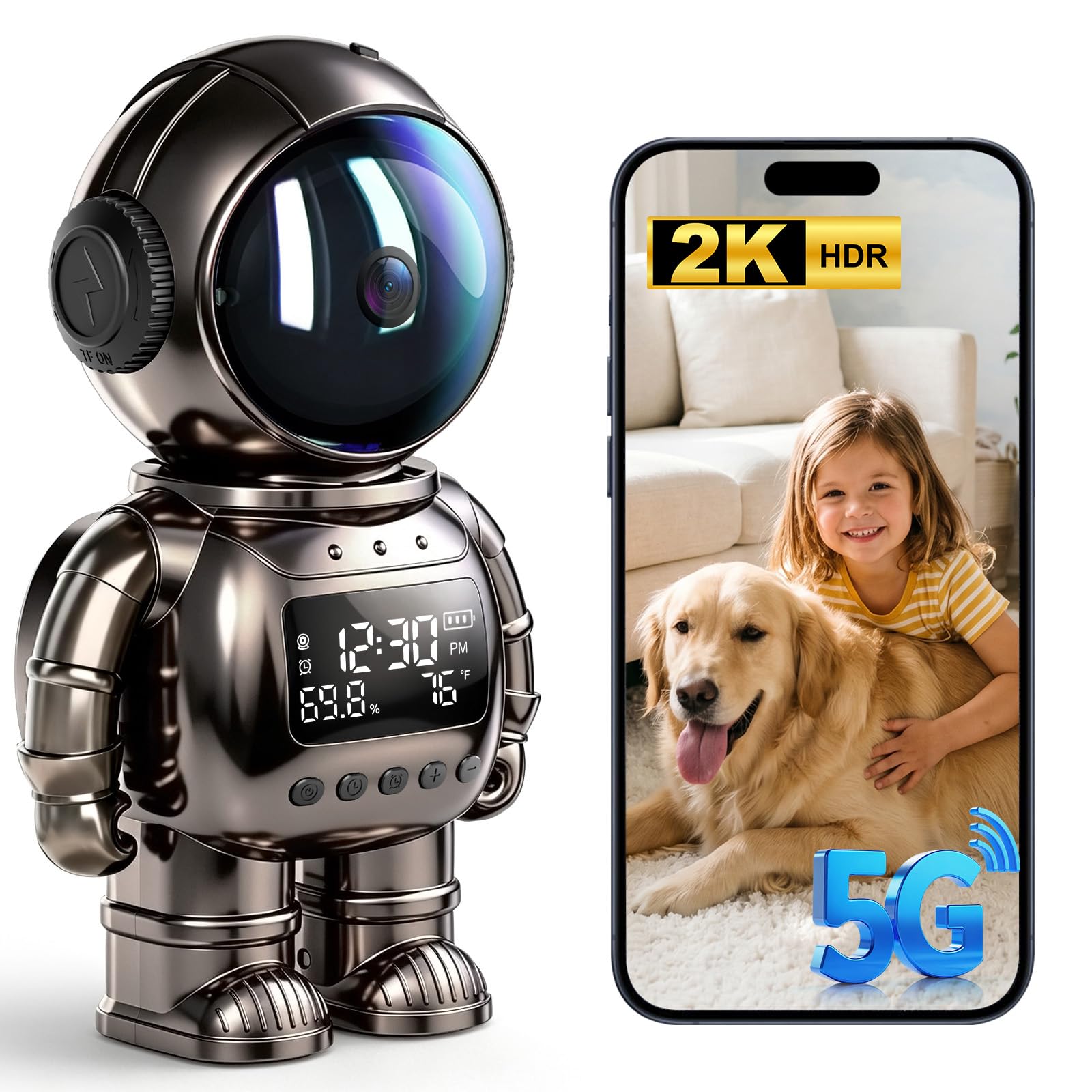 GBIUT Robot Alarm Clock Camera, 2K HD 5G/2.4Ghz WiFi Pet Robot Camera, Human Detection, Night Vision, Two-Way Talk & Motion Alert, Temp Humidity Display, Space