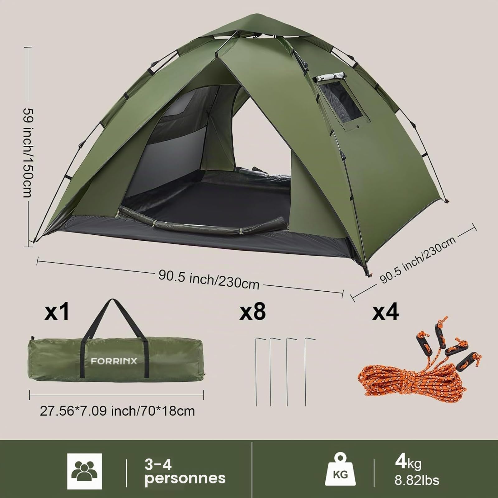 Tente de Camping Automatique 4 Personnes Pop up Famille Tente 230 * 230 * 150CM, Protection UV, 4 Saisons 2 en 1 Double Couches étanche pour Le Camping Randonnée