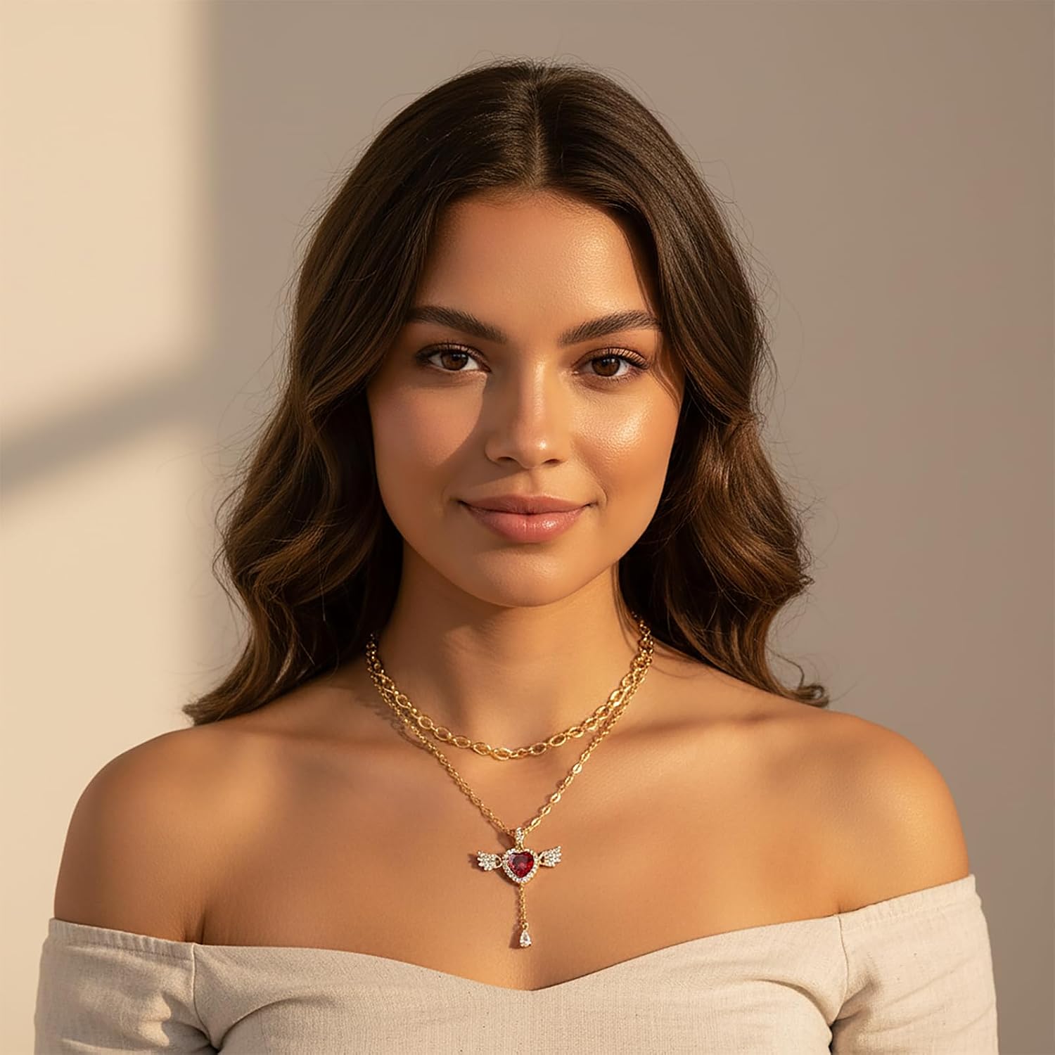 Angel Heart Necklace for Women Trendy,14k Gold Plated Dainty Layered Necklaces Set Cubic Zirconia Love Drop Pendant with Movable Wings Personalized Choker Chain Jewelry Gifts for Her - Image 3