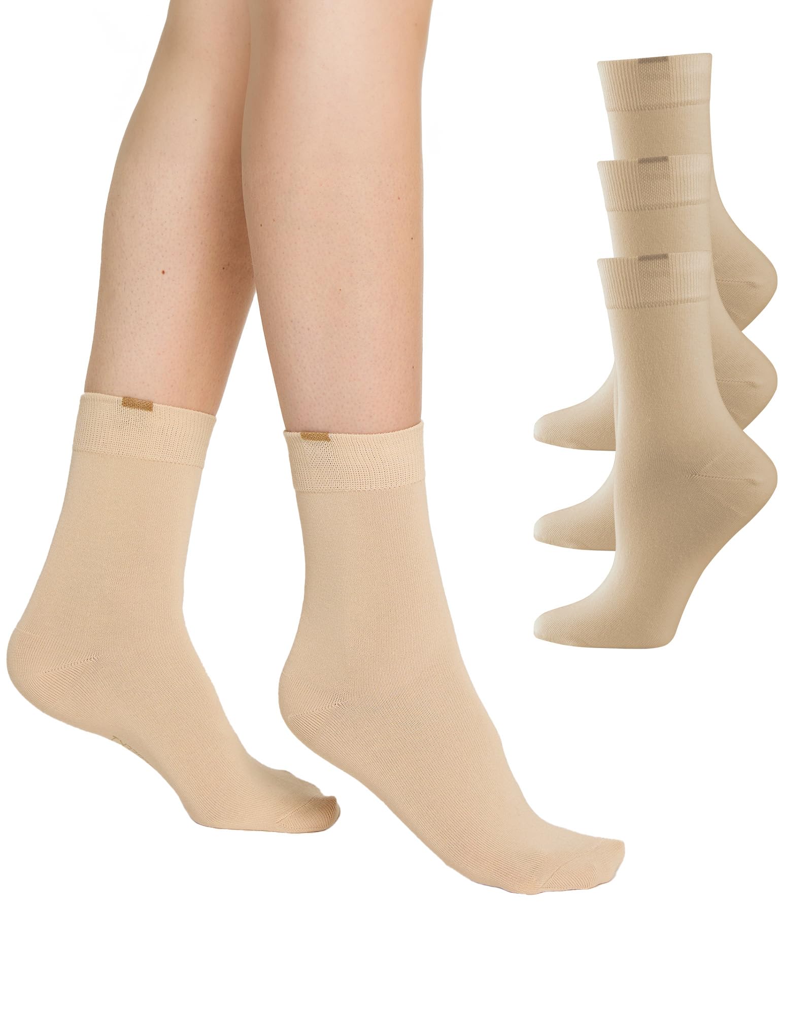 Nur Die 3er Pack Passt Perfekt Socken atmungsaktive Baumwolle einfarbig Komfortbund ohne drückende Naht Damen, beige, 39-42