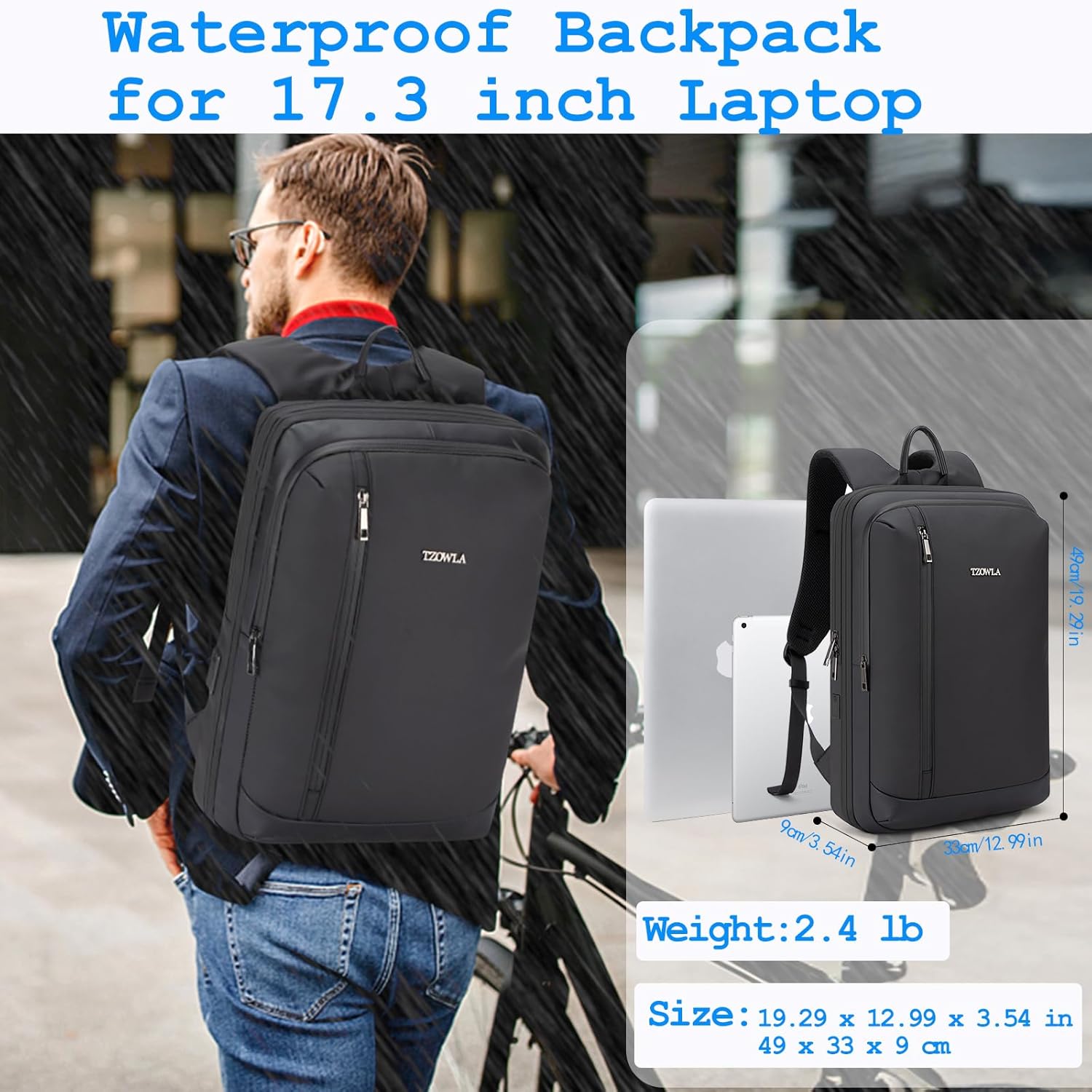 Tzowla Business Commute Laptop Backpack Fit 17.3 Inch Laptop,Slim & Expandable Waterproof Work Backpacks with USB3.0 Charging Port,Travel Lightweight Bag Gift for Men Women(Black) - Image 2