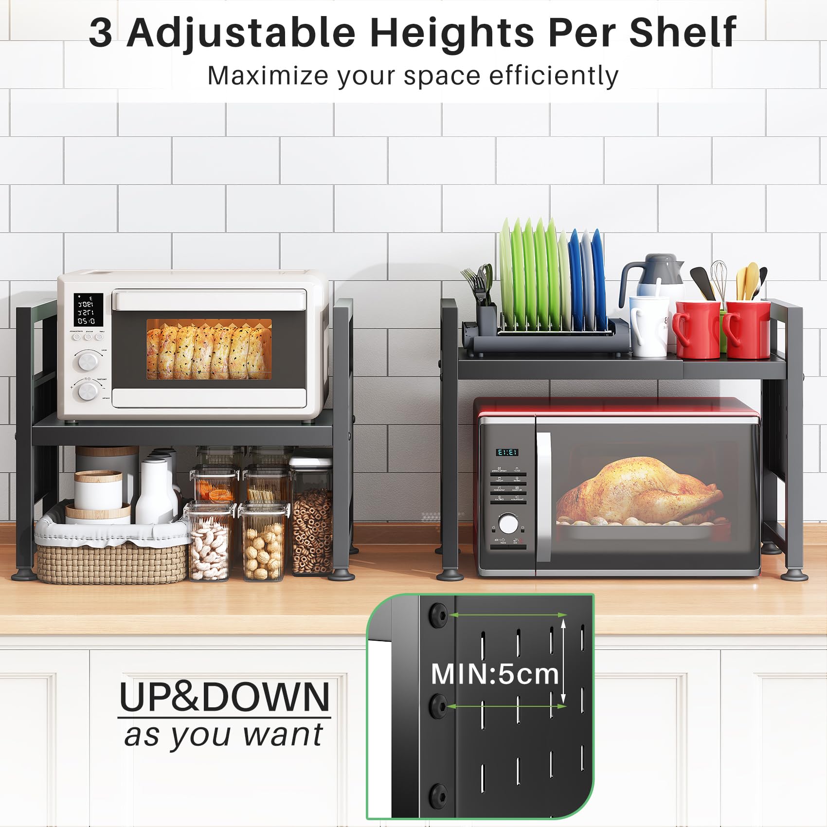 SAYZH Soporte Microondas Extensible, 2 Niveles estante microondas con 10 Ganchos, Soporte Para Microondas Para Encimera de Cocina, 40-70 cm, Negro