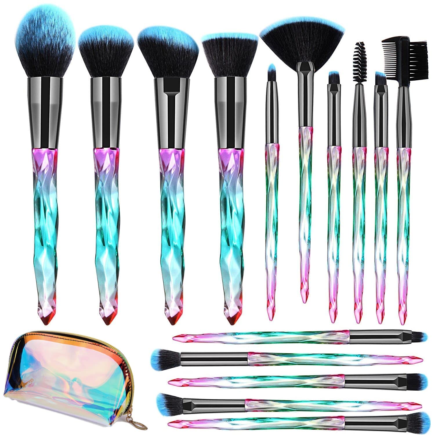 Psychone 15 PCS Professional Makeup Brush Set,Sparkling Crystal Style Makeup Brushes Premium Synthetic Include Foundation,Eye shadow,Contour Makeup Brushes kit With Beautiful Bag