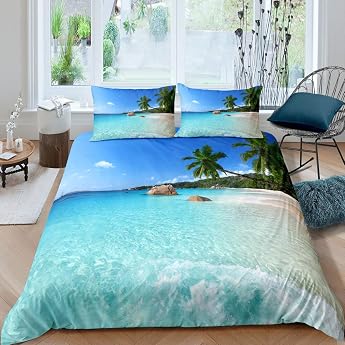 Loussiesd Beach Bed Linen Ocean Duvet Cover Hawaiian Palm Tree Waves Bed Linen Summer Tropical Island and Sea Beach Nature Theme Duvet Cover 135 x 200 cm Blue Bed Set with Zip